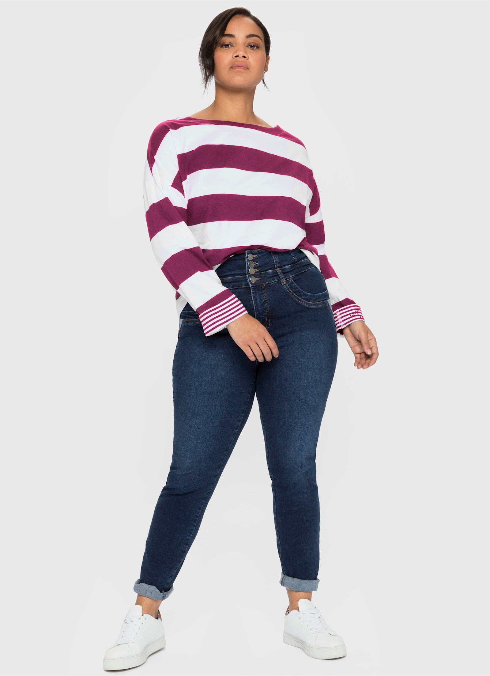 sheego Langarmshirt - malve-weiß-gestreift