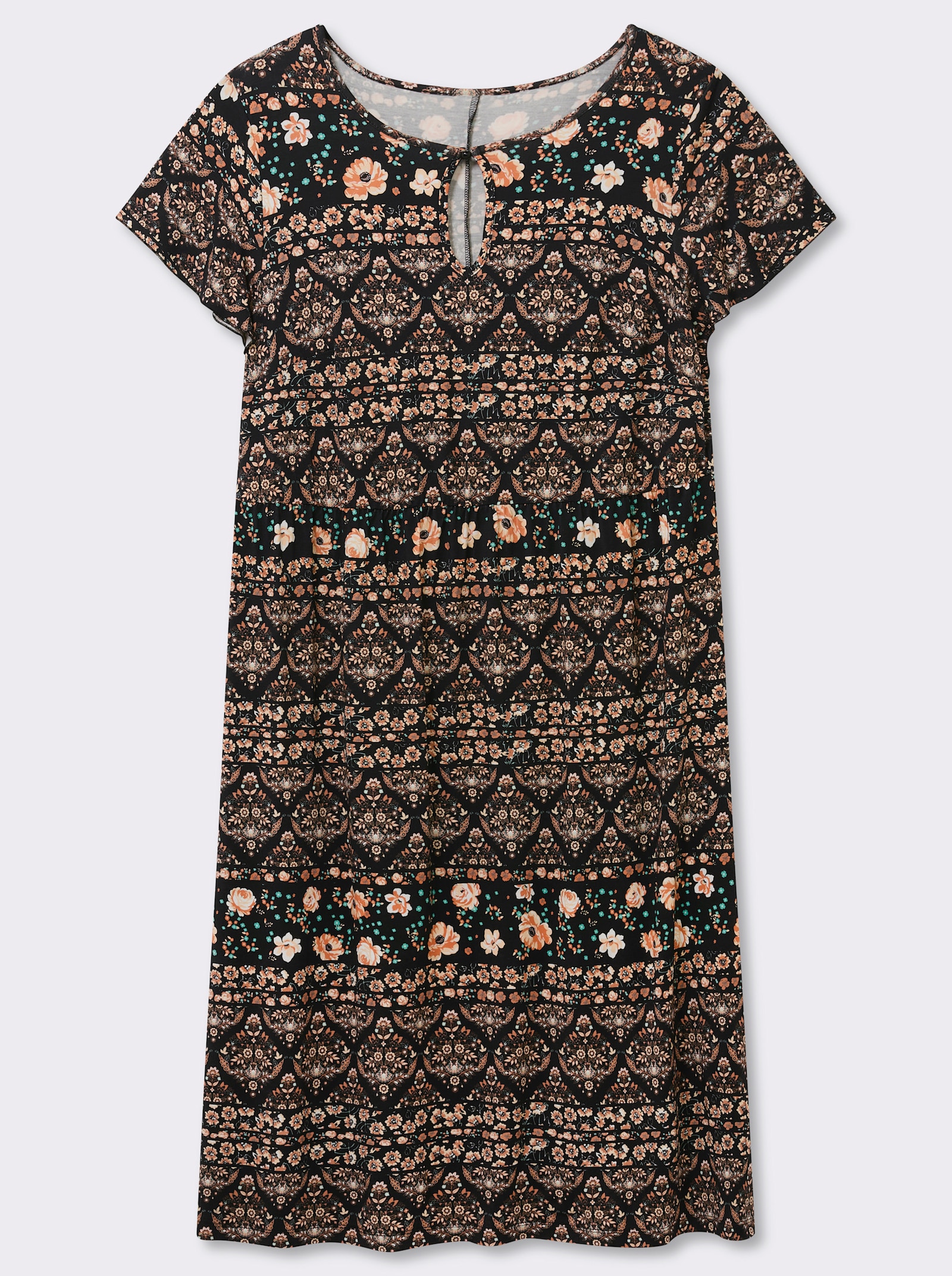 Jerseykleid mit Gummizug auf Taillenhöhe - papaya-schwarz-bedruckt