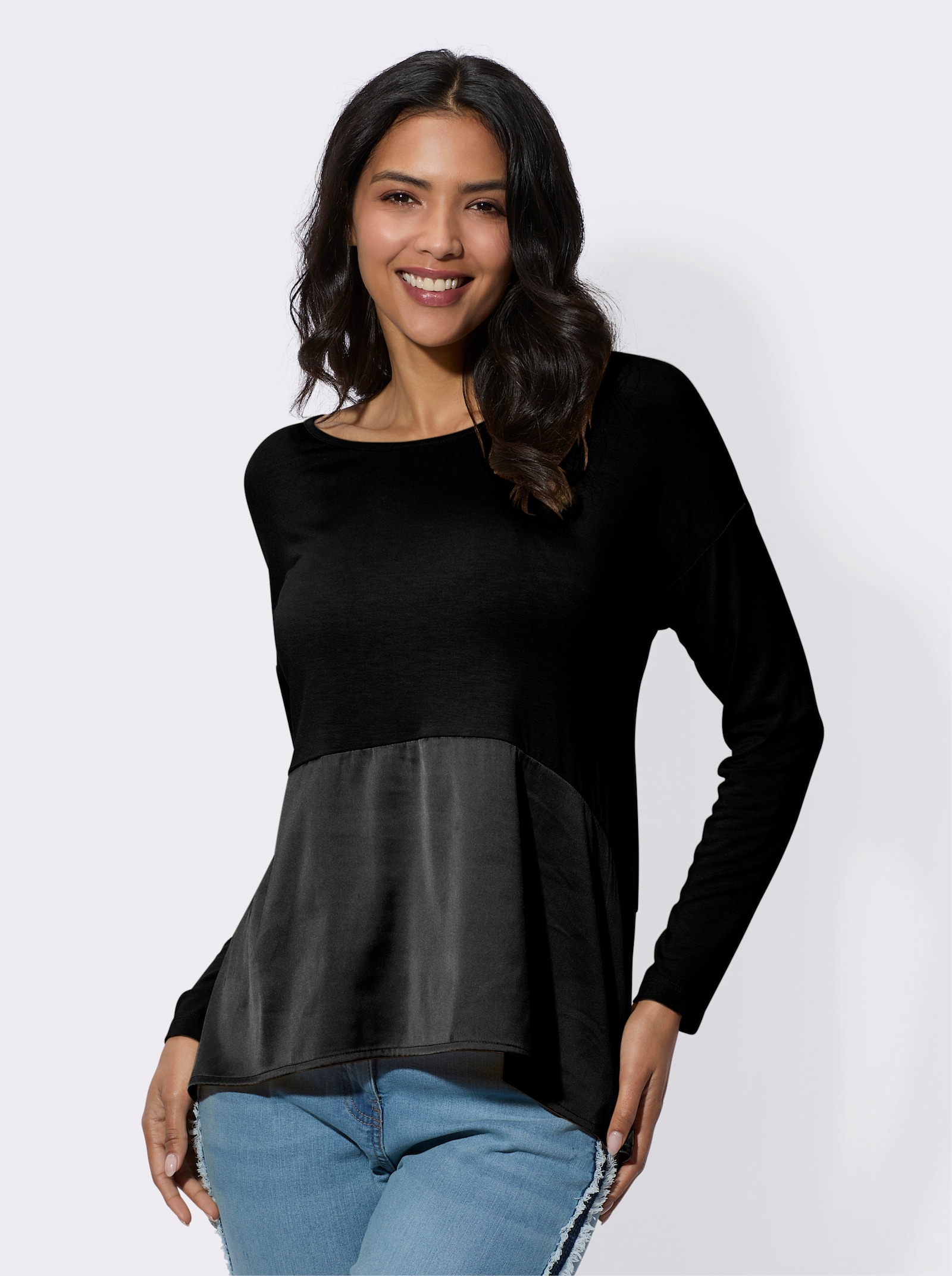 Langarmshirt mit Satin-Einsatz - schwarz
