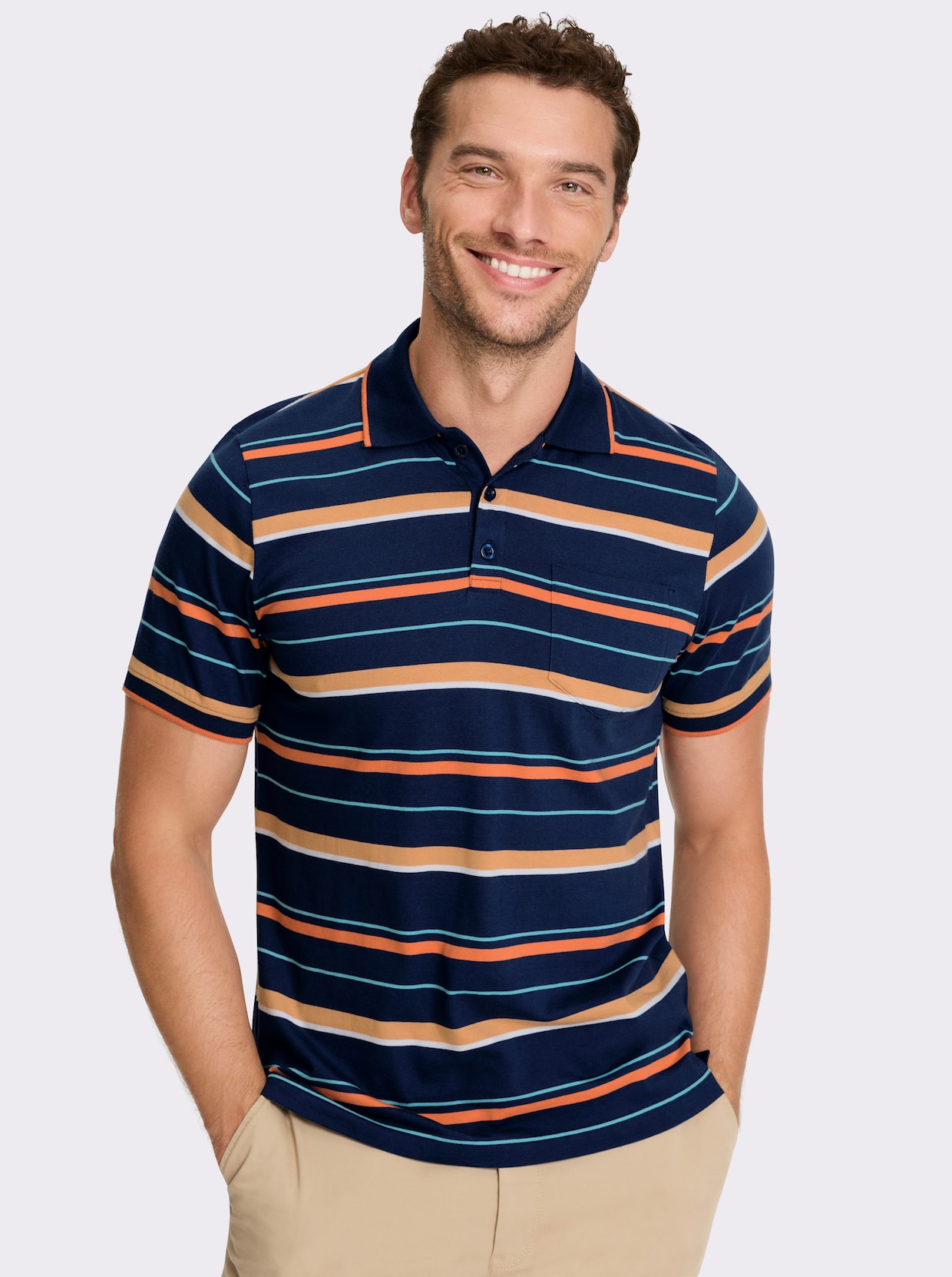 Marco Donati Kurzarmshirt - dunkelblau-papaya-gestreift