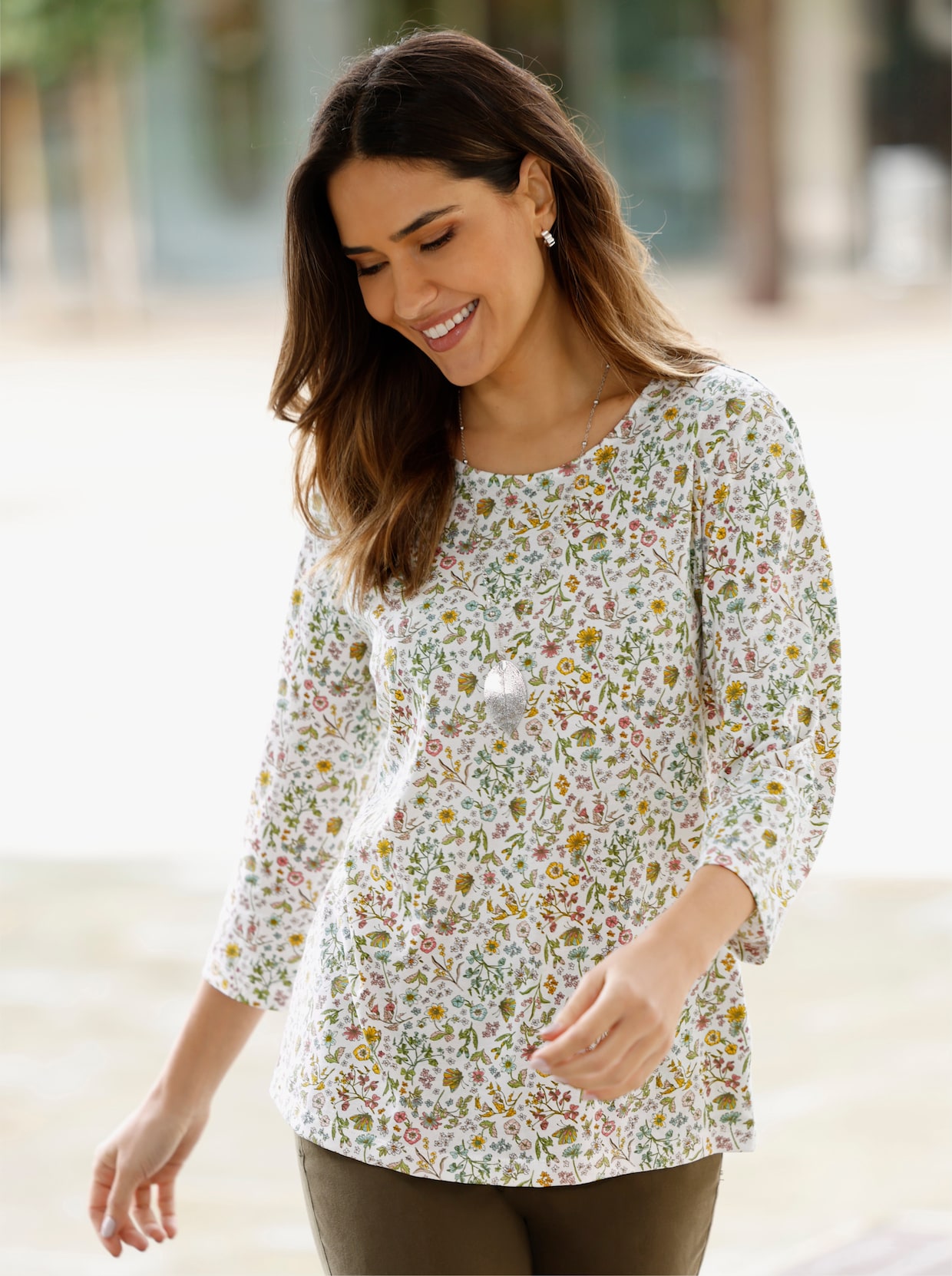 3/4-Arm-Shirt mit floralem Druck - ecru-khaki-bedruckt