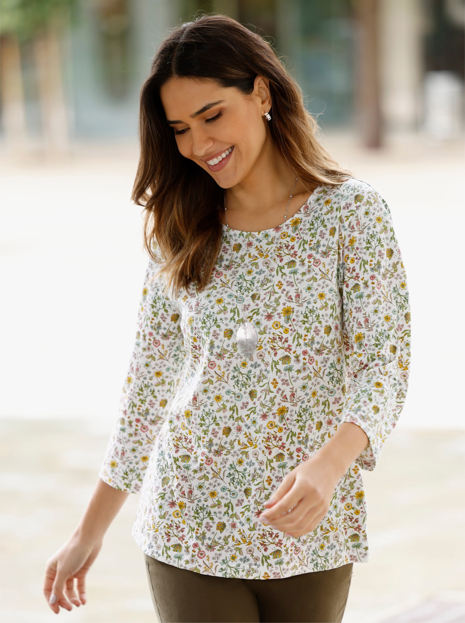 3/4-Arm-Shirt mit floralem Druck - ecru-khaki-bedruckt