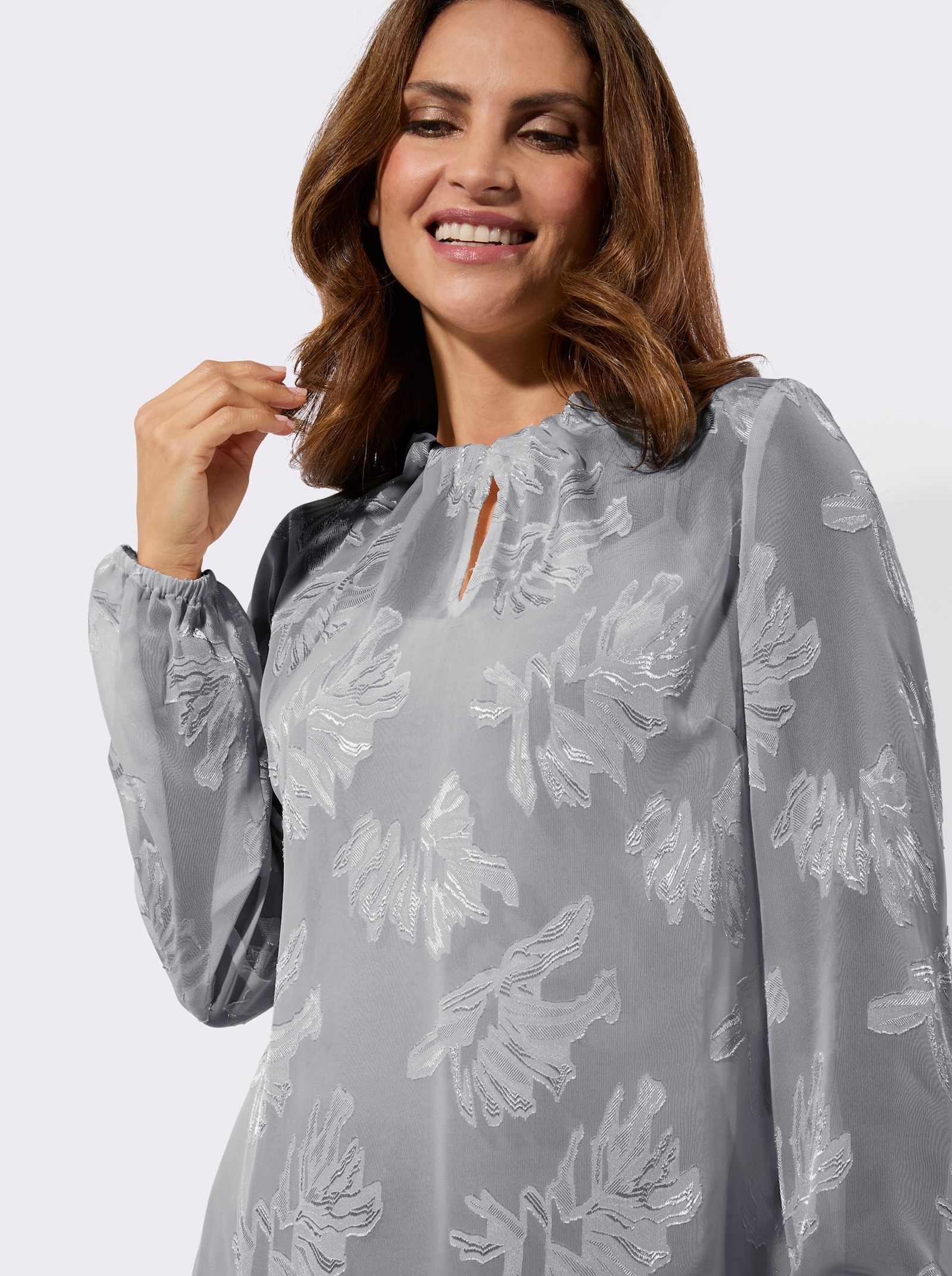 Blouse met lange mouwen en plooien bij de hals - steengrijs