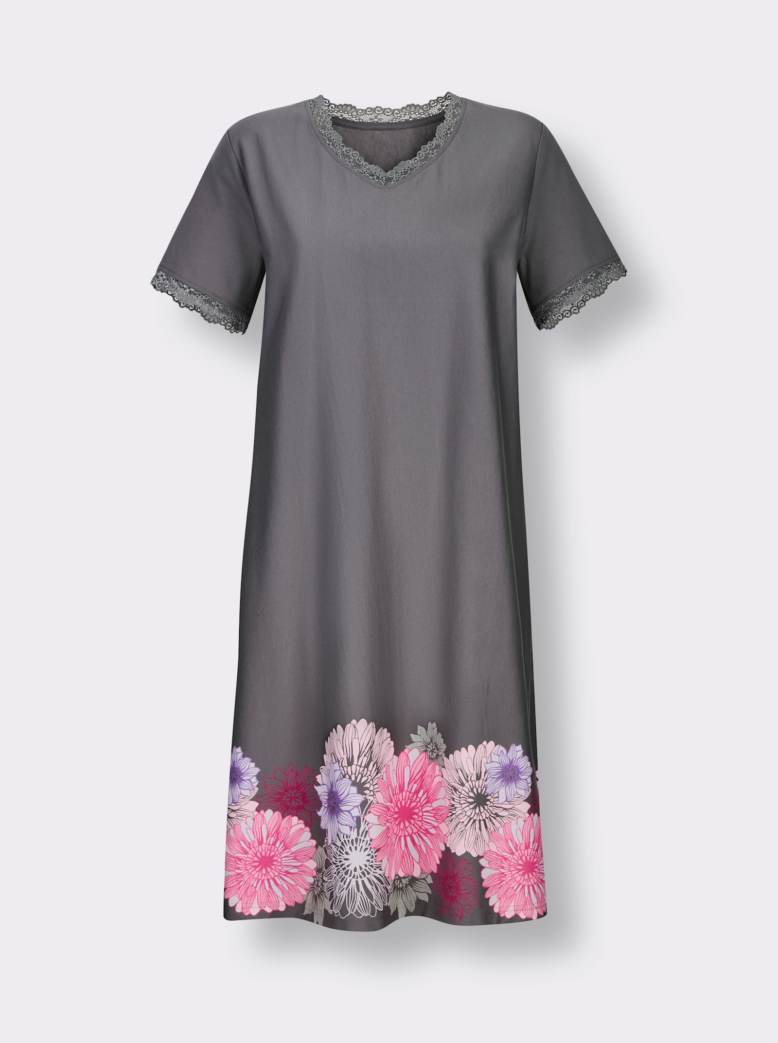 wäschepur Kurzarm-Sleepshirt mit Blumenbordüre - anthrazit-fuchsia-bedruckt