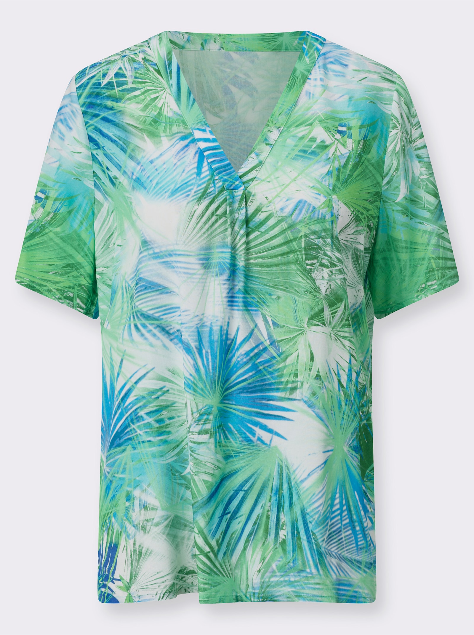 Schlupfbluse mit Kellerfalte - apfel-mittelblau-bedruckt