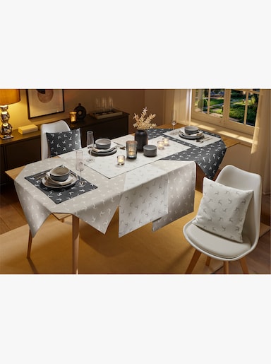 Tischdecke mit eingewebten Hirsch-Motiven - beige