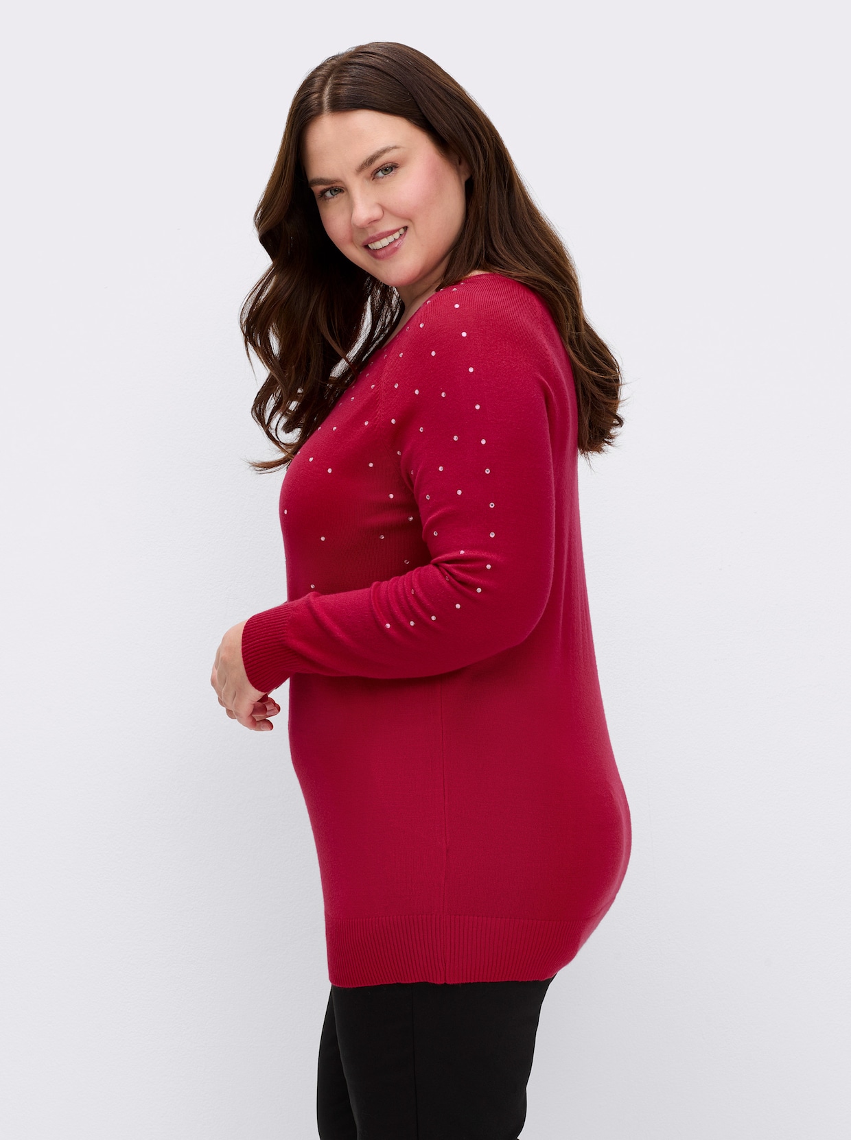 Langarm-Pullover mit Glitzersteinchen - rot