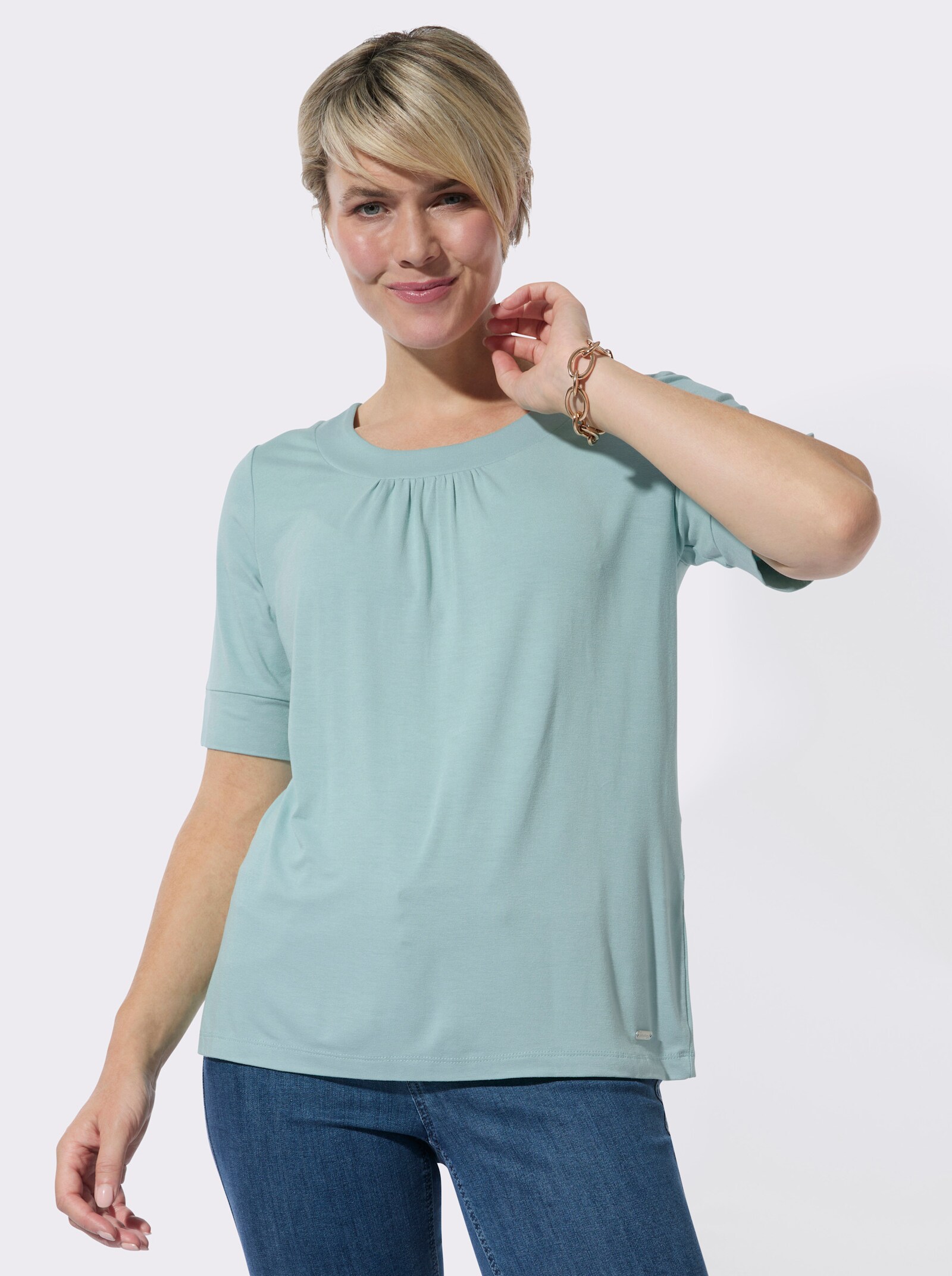 Rundhalsshirt mit dezenter Raffung - mint