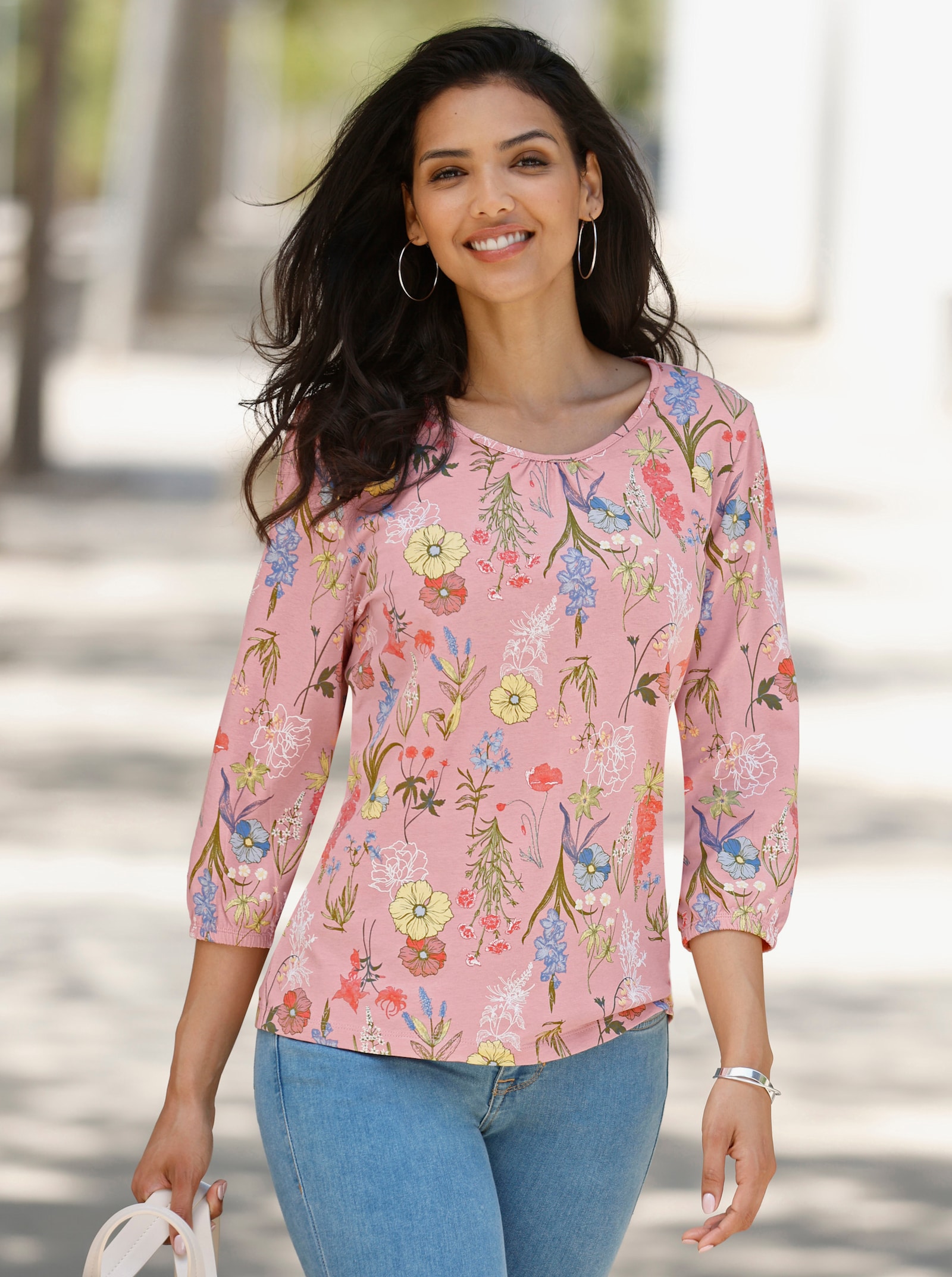 Topp med 3/4-ärm, hjärttryck - rosenkvarts-oliv-tryck