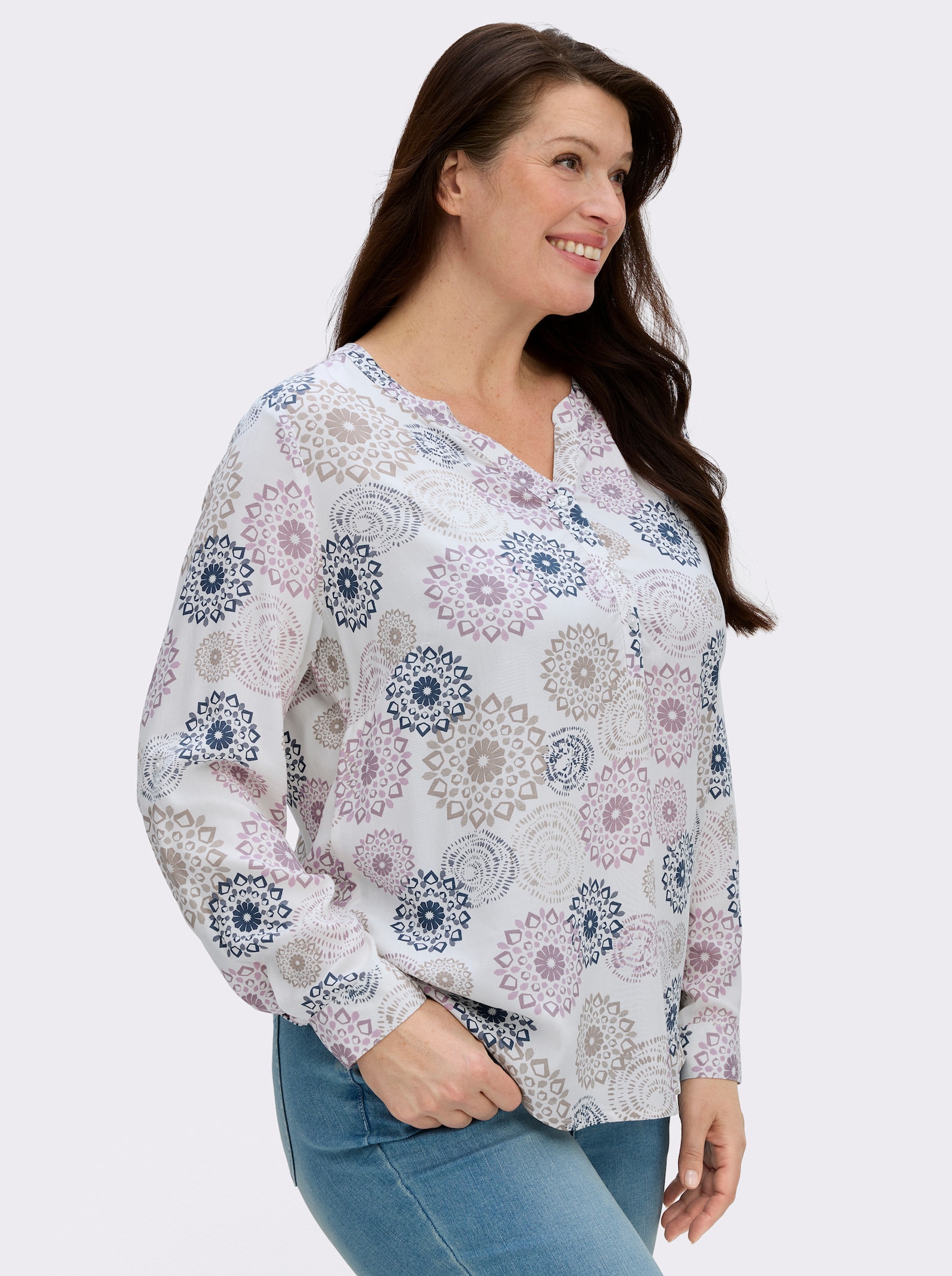 Langarmbluse mit Krempelfunktion - ecru-mauve-bedruckt