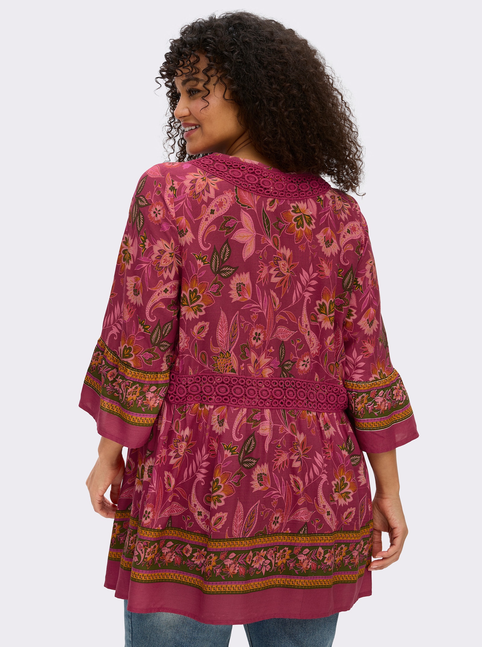 sheego by Joe Browns Volantbluse mit floralem Alloverdruck - kirsche-flamingo-gemustert
