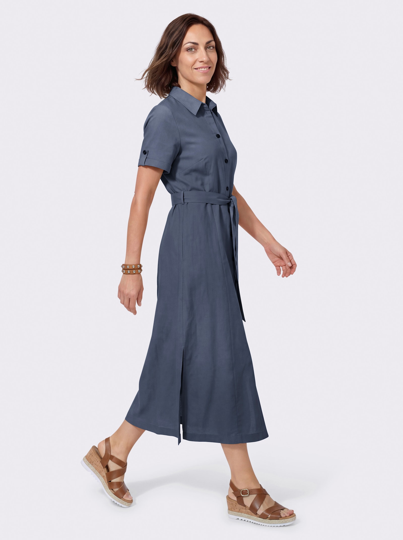 Hemdblusenkleid mit Bindegürtel - rauchblau