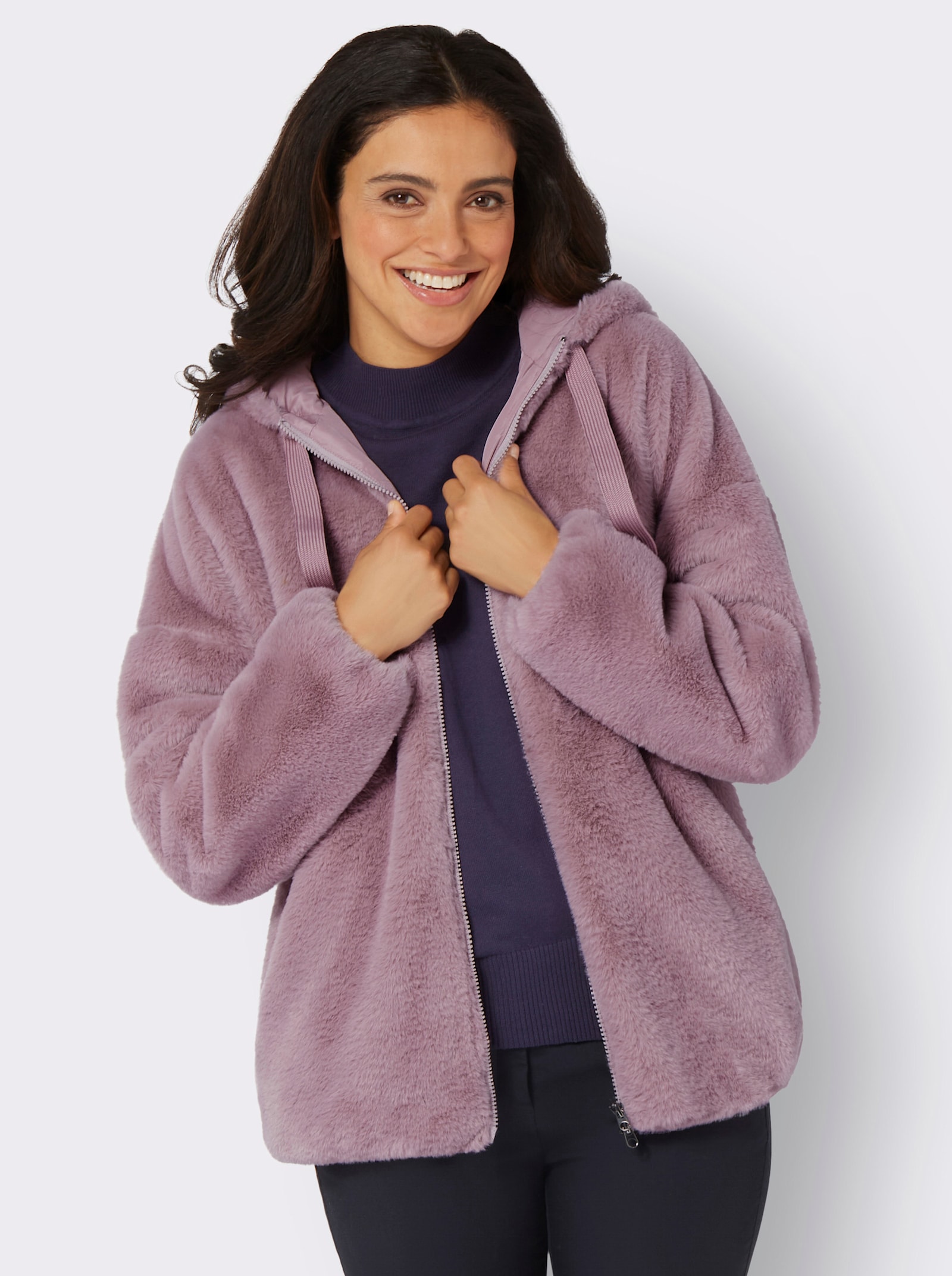 Fellimitatjacke mit Gummizug an Ärmeln und Saum - mauve