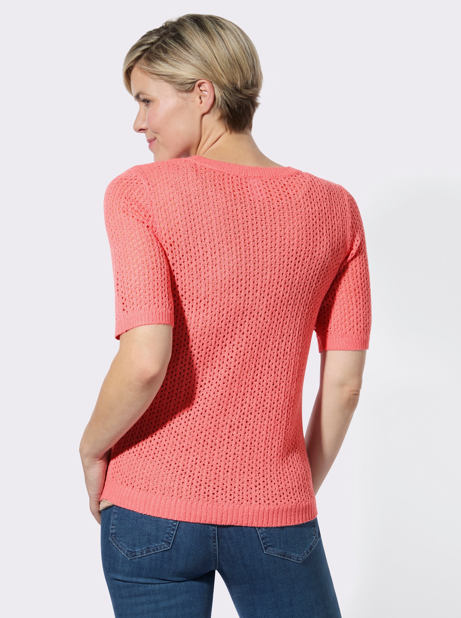 Ajourpullover mit kurzen Ärmeln - flamingo