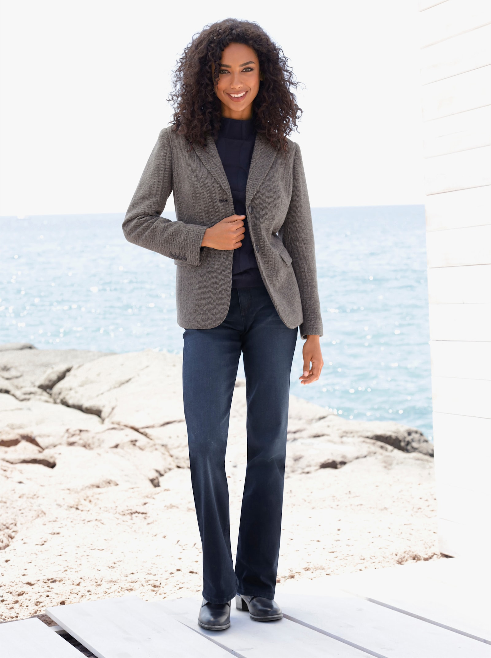 heine Blazer mit Fischgrat-Muster - marine-sesam-gemustert