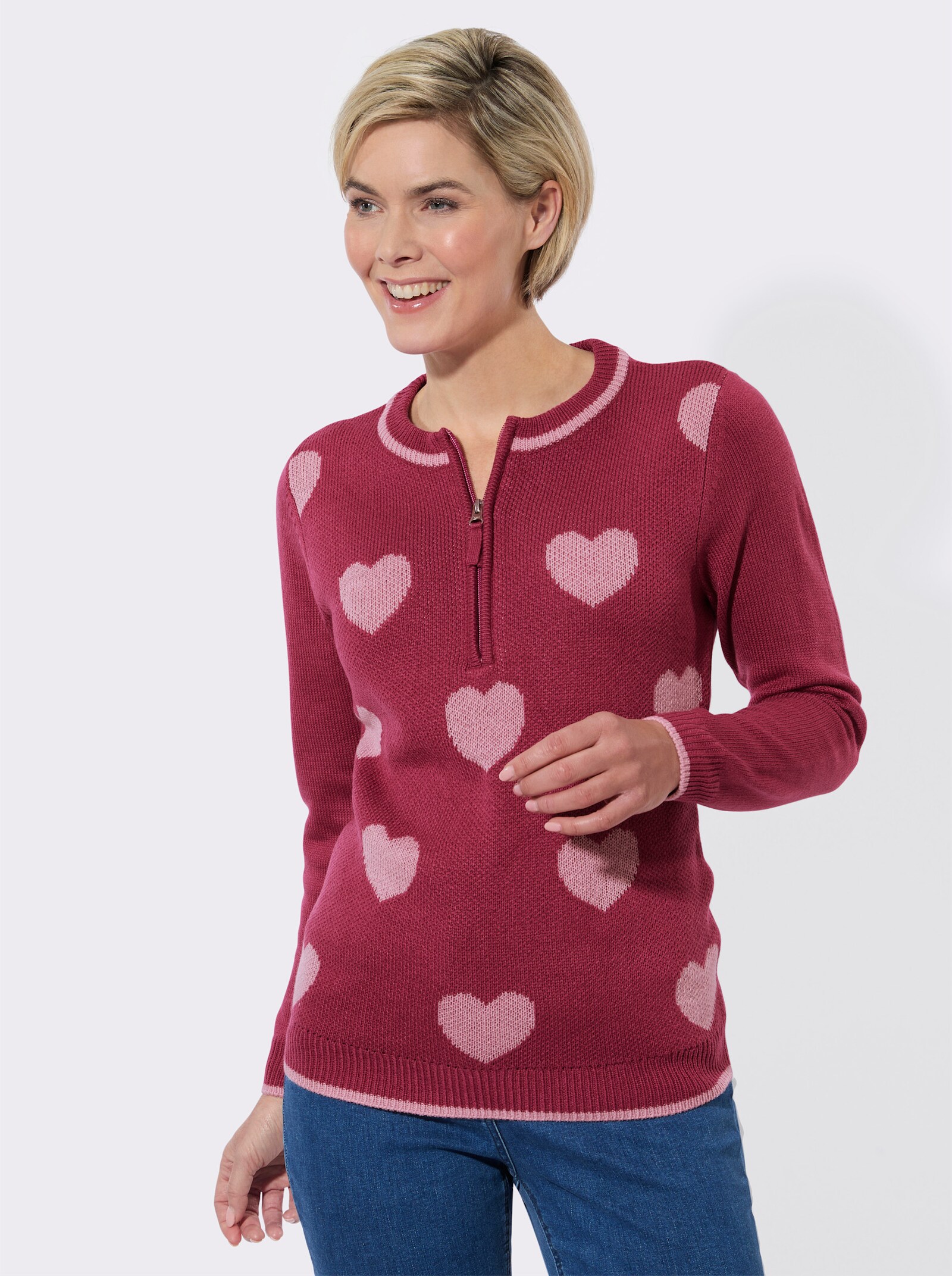 Langarm-Pullover mit Herz-Muster - erika-rosé-gemustert