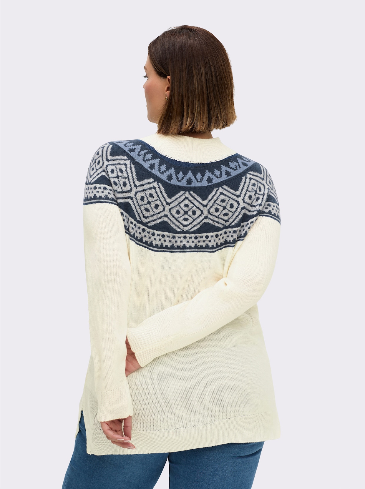 Longpullover mit Norwegermuster - ecru-dunkelblau