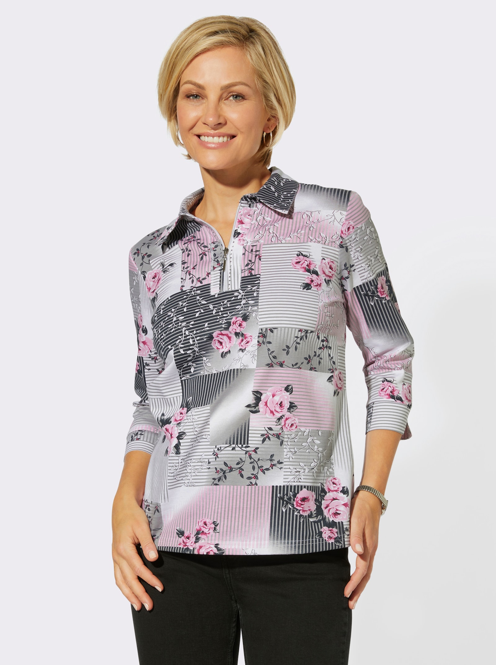 Tričko s 3/4 rukávmi a lesklými kamienkami - Ružovo-tmavosivá potlač