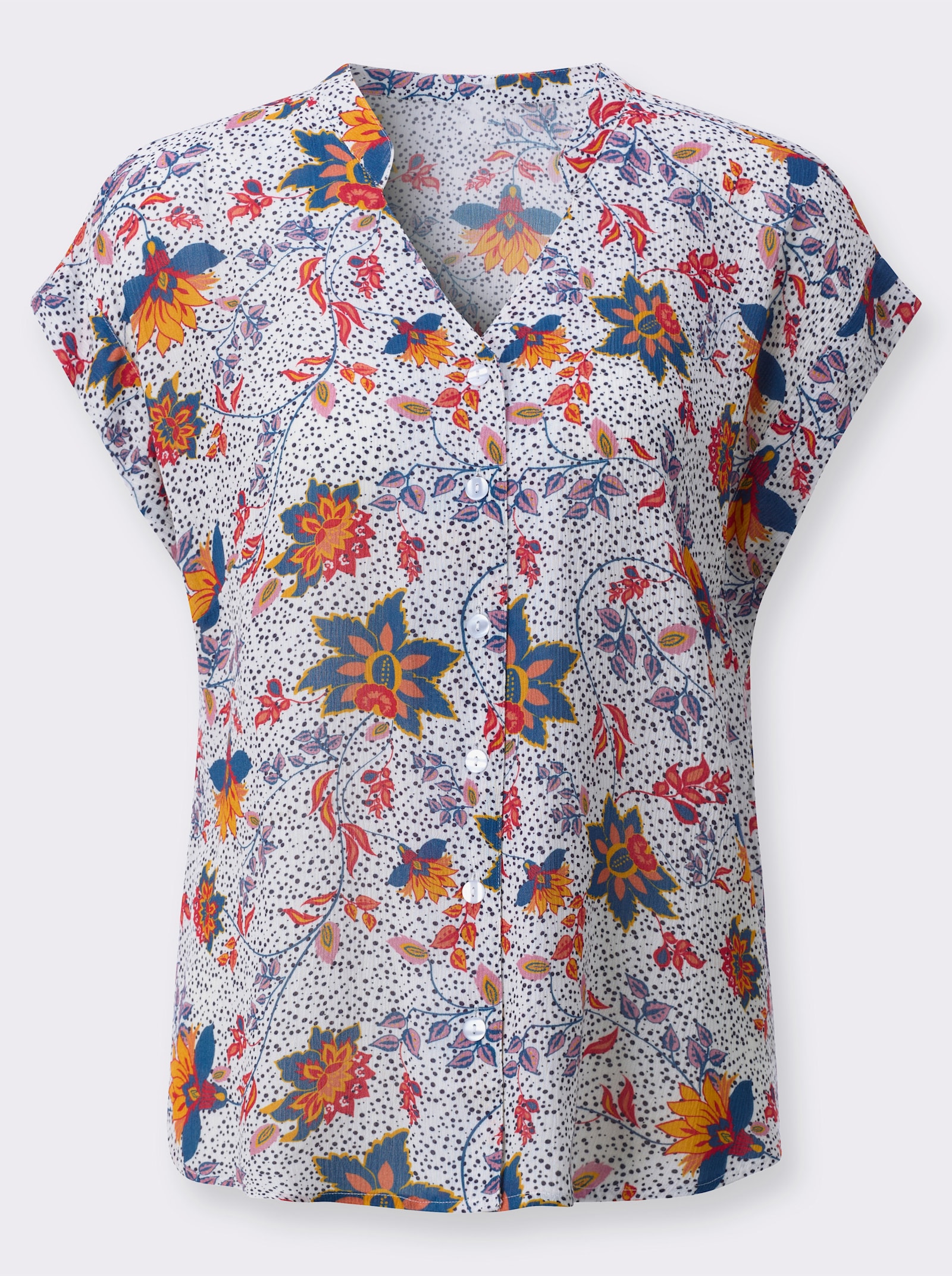 Kurzarmbluse in strukturierter Qualität - weiß-erdbeere-bedruckt