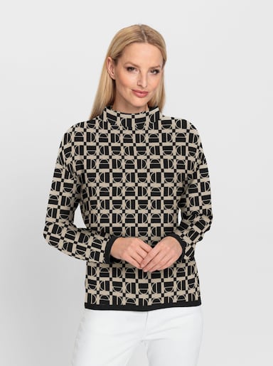 heine Stehkragenpullover in grafischem Jacquard-Muster - schwarz-beige-gemustert