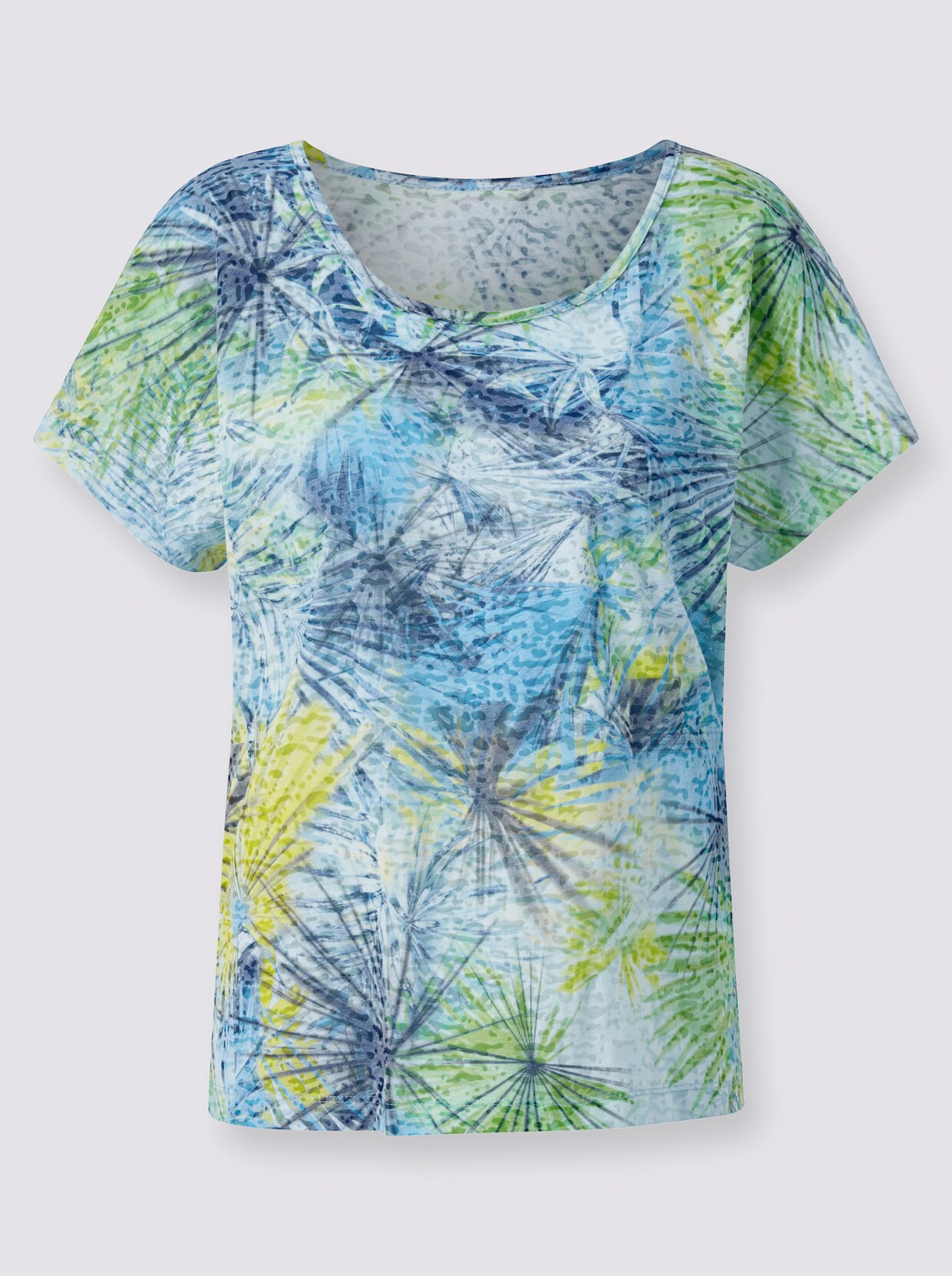 Rundhalsshirt - mittelblau-limone-bedruckt