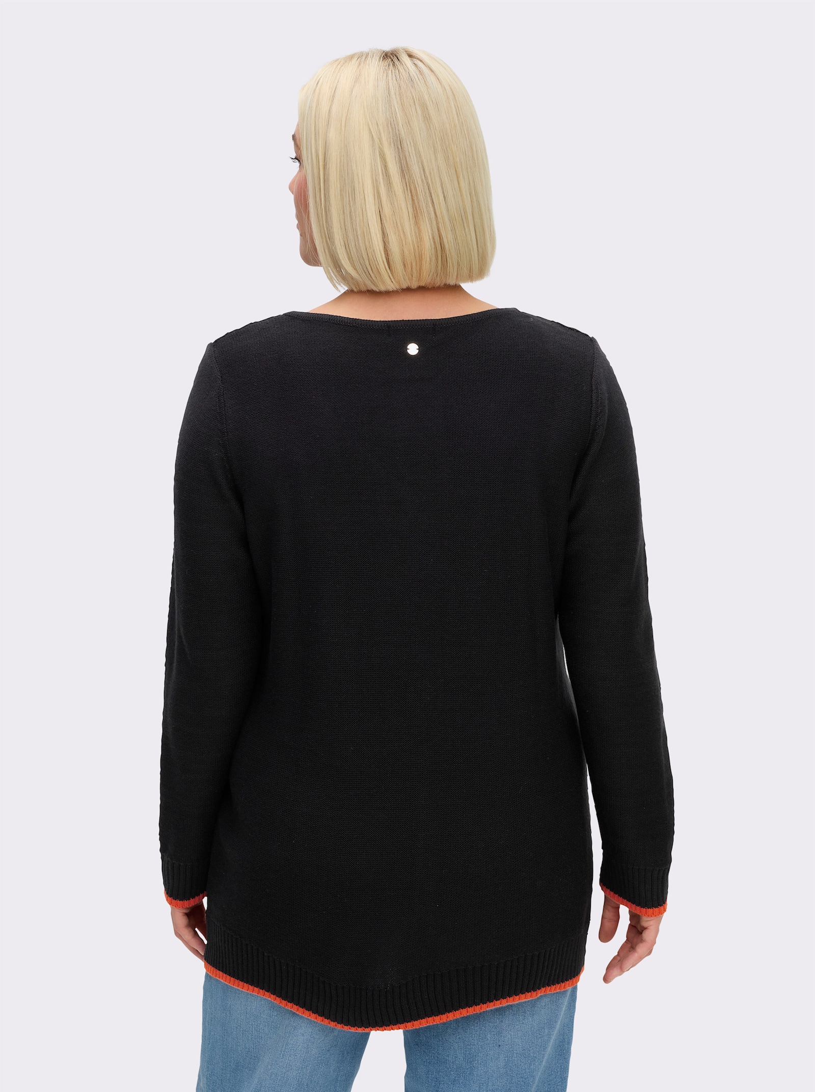 sheego V-Ausschnitt-Pullover mit Kontraststreifen - schwarz-orange