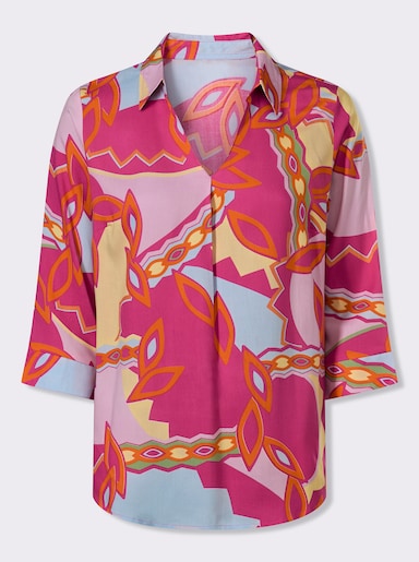 Comfortblouse met 3/4-mouwen - fuchsia/citroen bedrukt