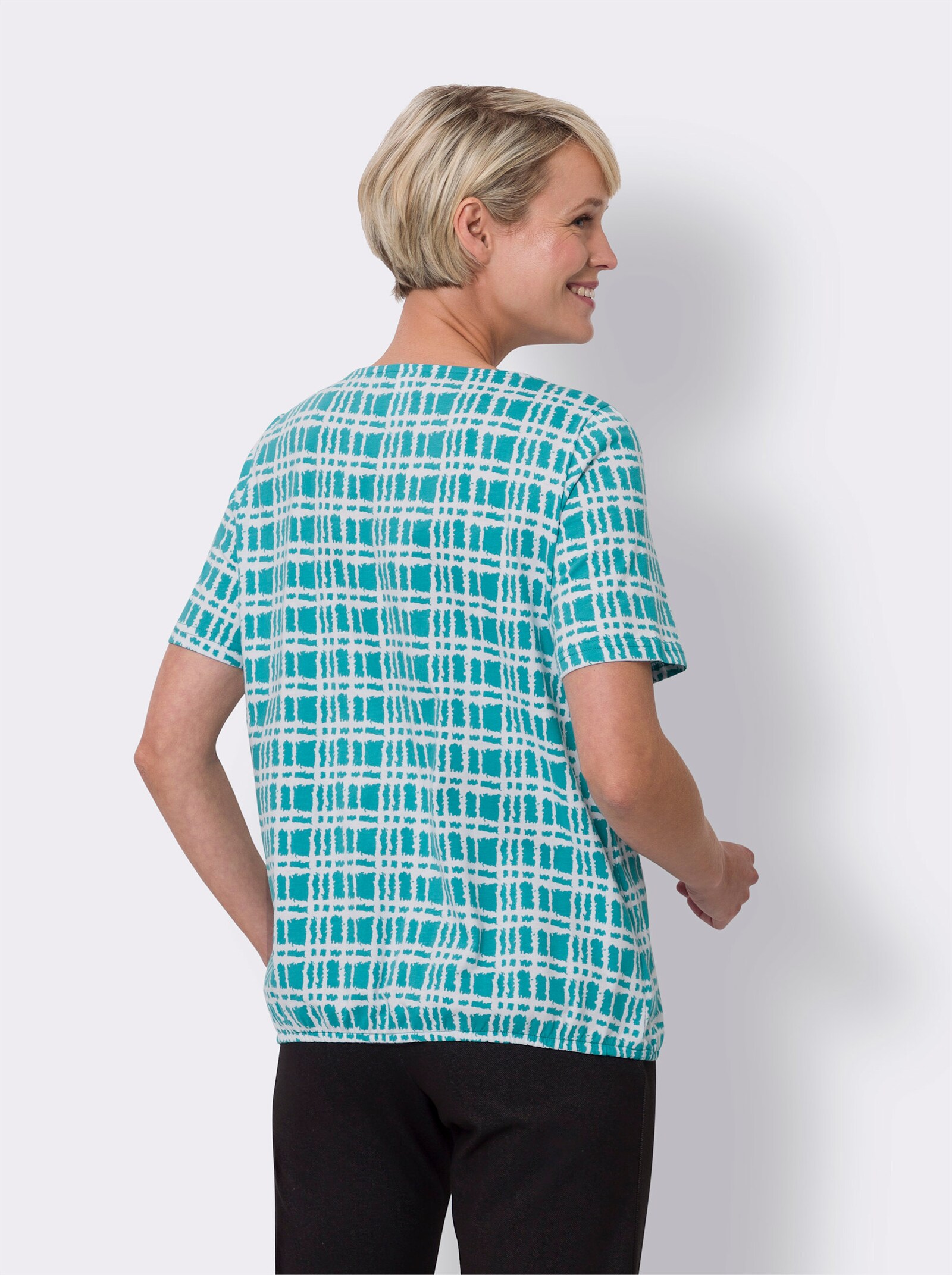 Tričko s okrúhlym lodičkovým výstrihom - Tyrkysová a biela potlač