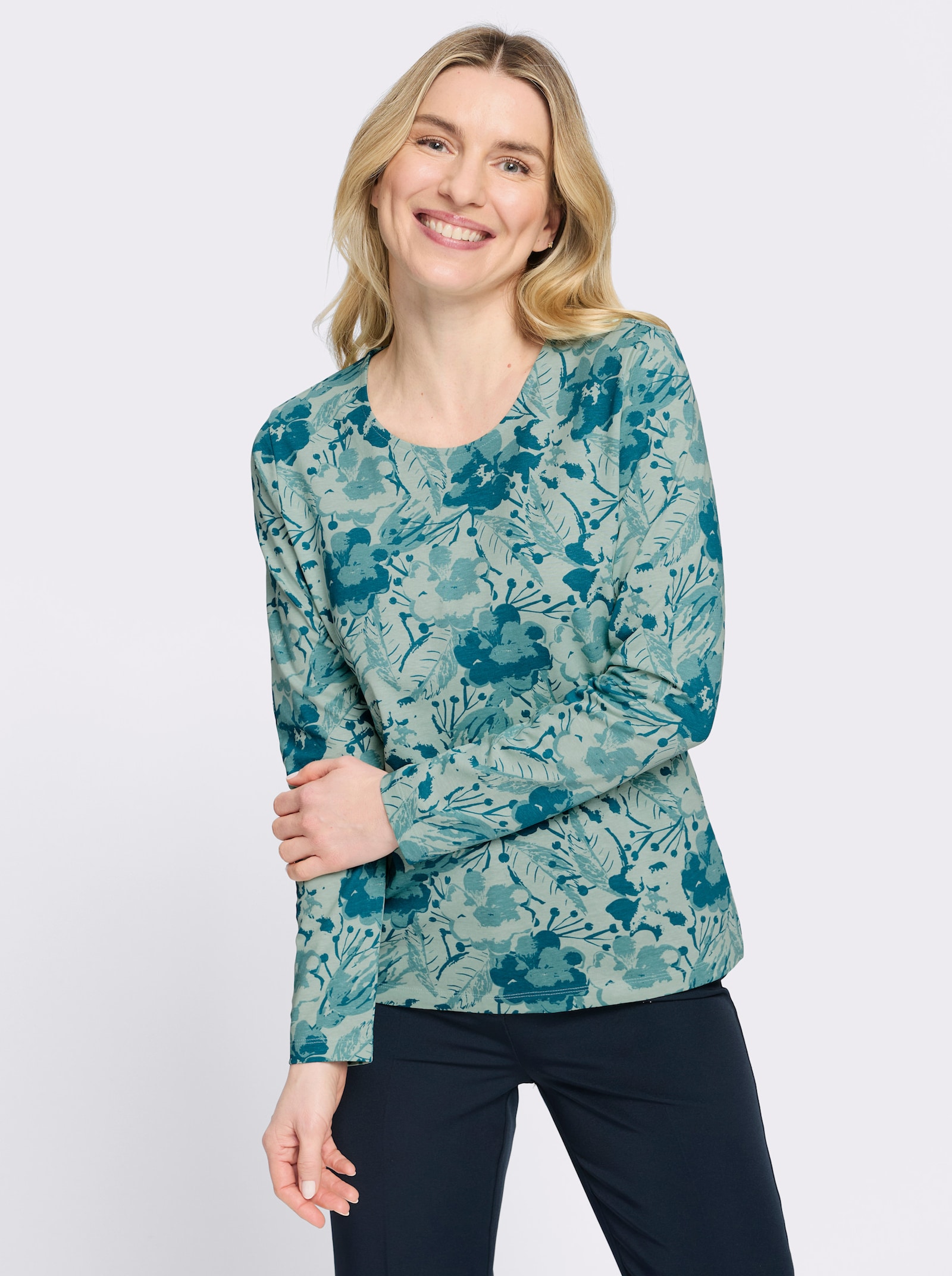 Langarmshirt im floralem Dessin - mint-aquapetrol-bedruckt