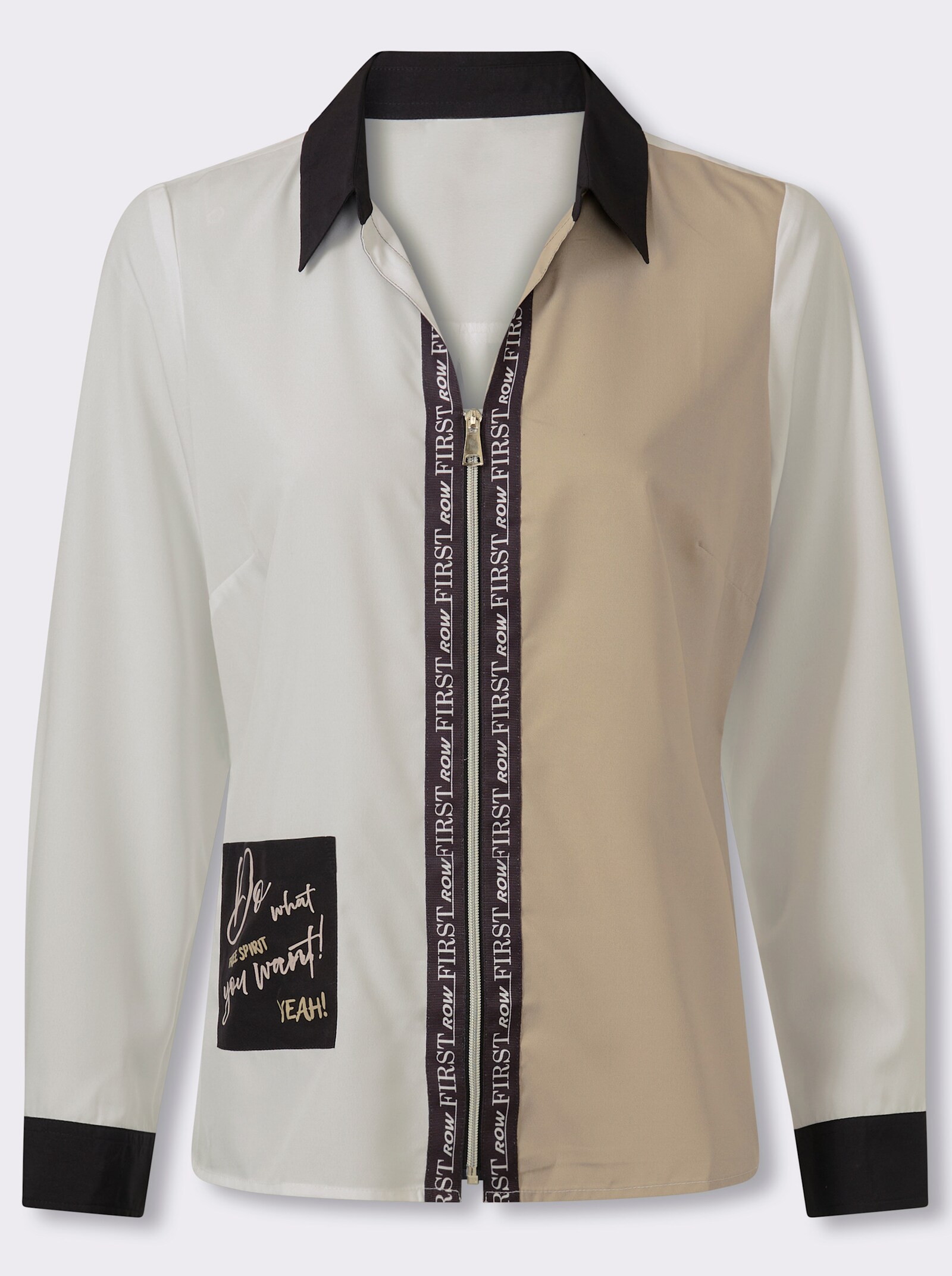 Langarm-Bluse mit Kontrast-Details - weiß-beige