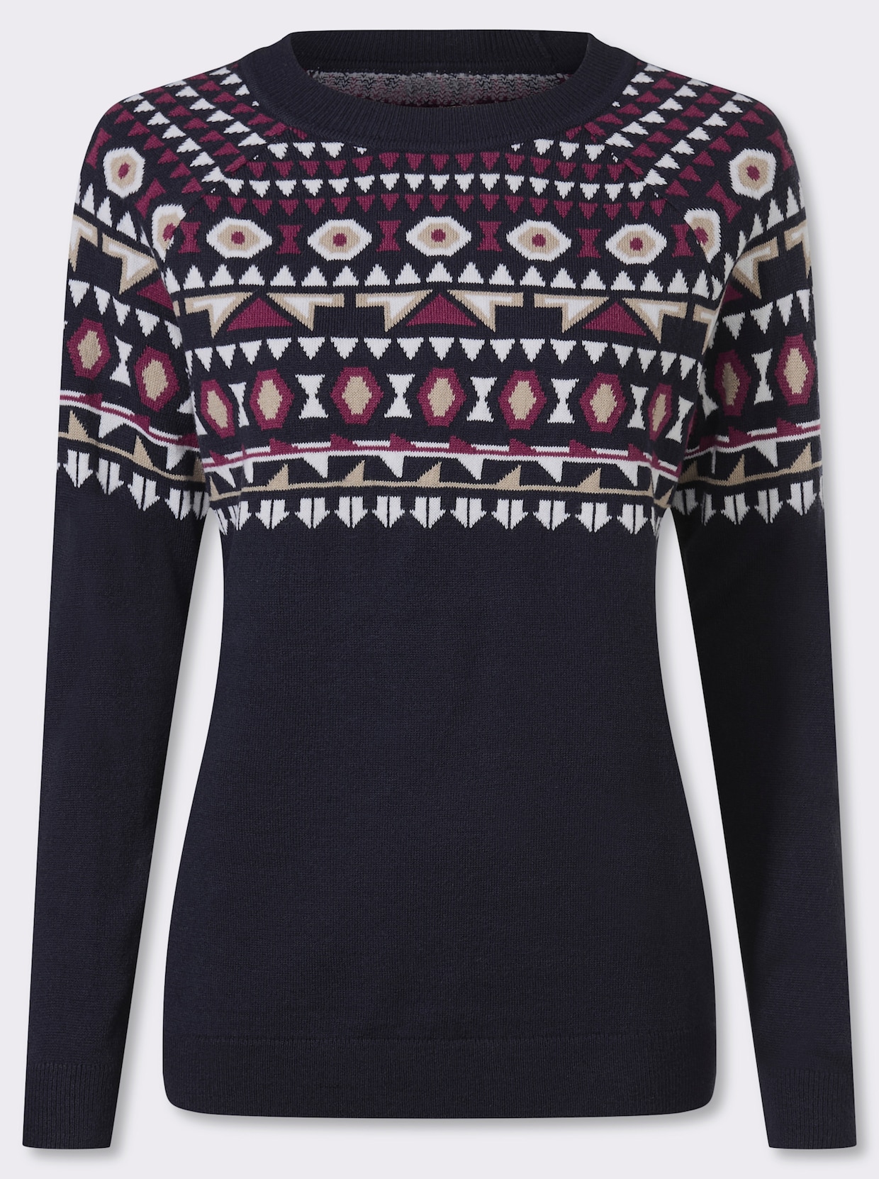 Norwegerpullover mit Raglanärmeln - marine-ecru-gemustert