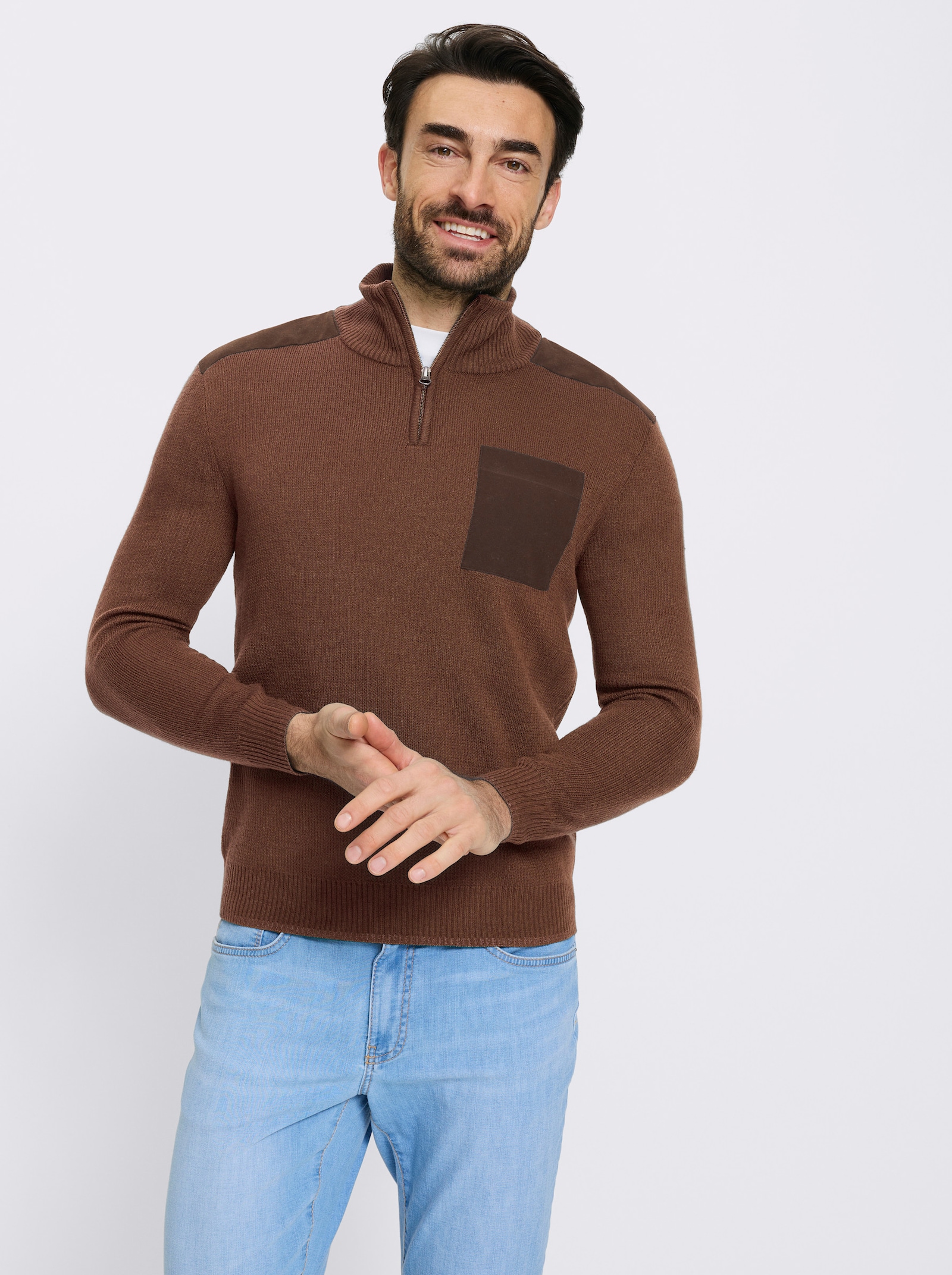 Catamaran Langarm-Pullover mit Kontrast-Details - braun-taupe-meliert