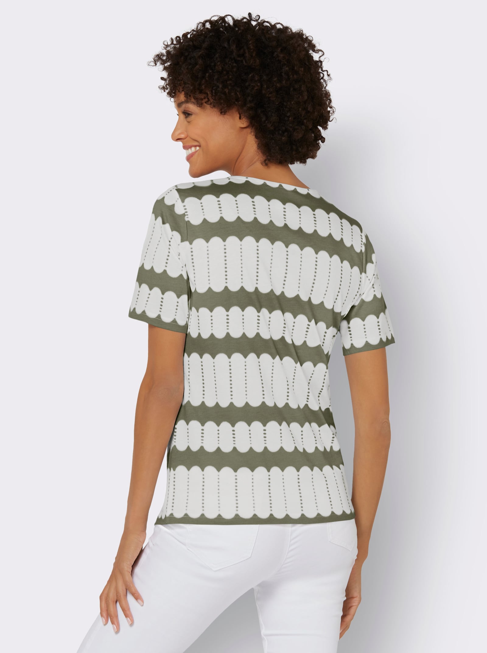 Kurzarmshirt mit V-Ausschnitt - khaki-ecru-bedruckt