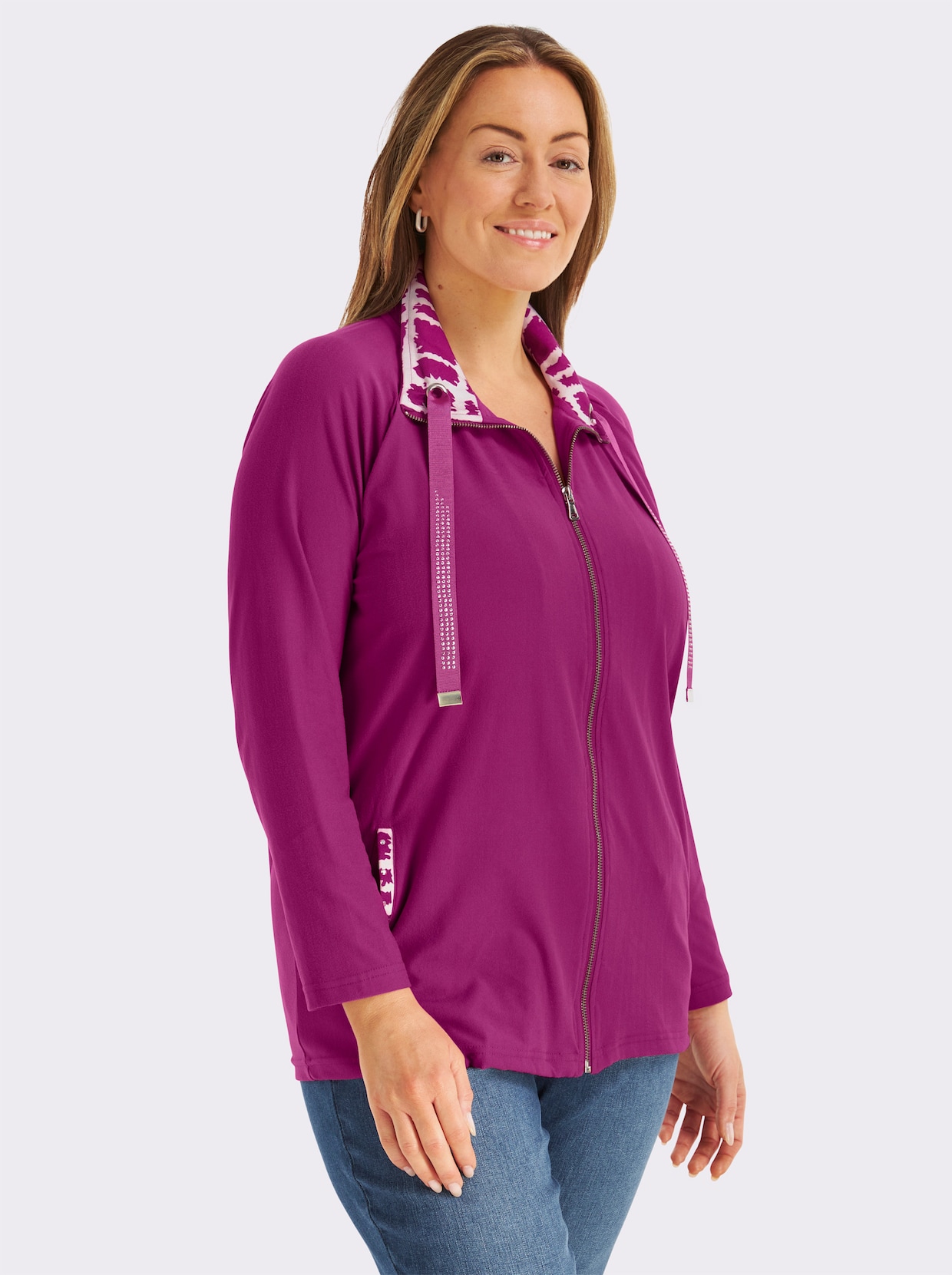 Shirtjacke mit Glitzersteinchen - magenta-ecru-gemustert