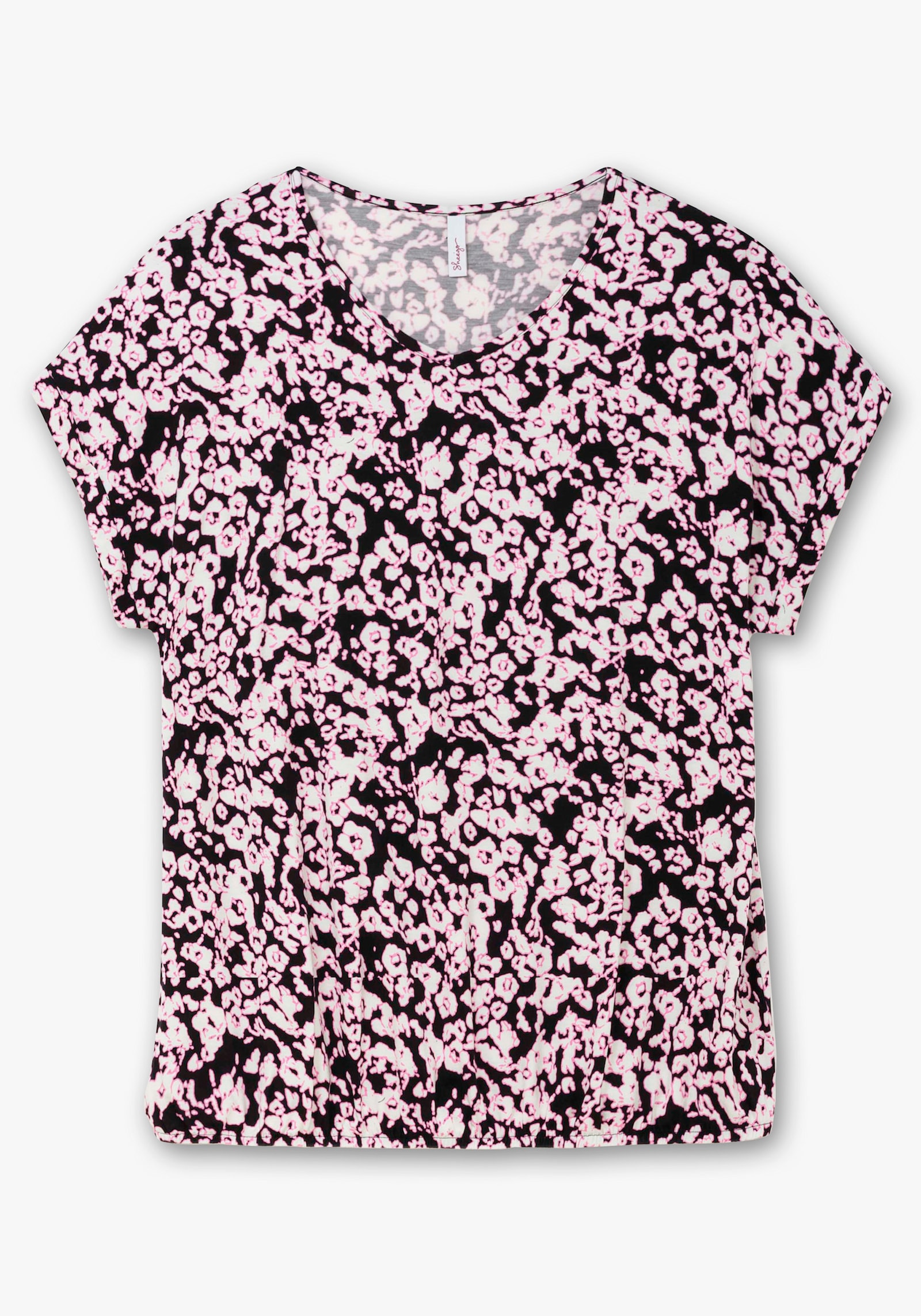 sheego T-Shirt mit Blumendruck und Saum-Gummizug - schwarz-champagner-gemustert