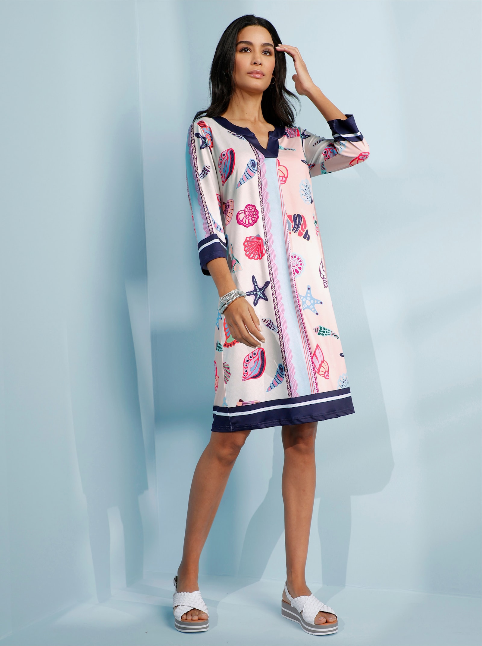 heine Jerseykleid mit Muschel-Print - weiß-koralle-bedruckt