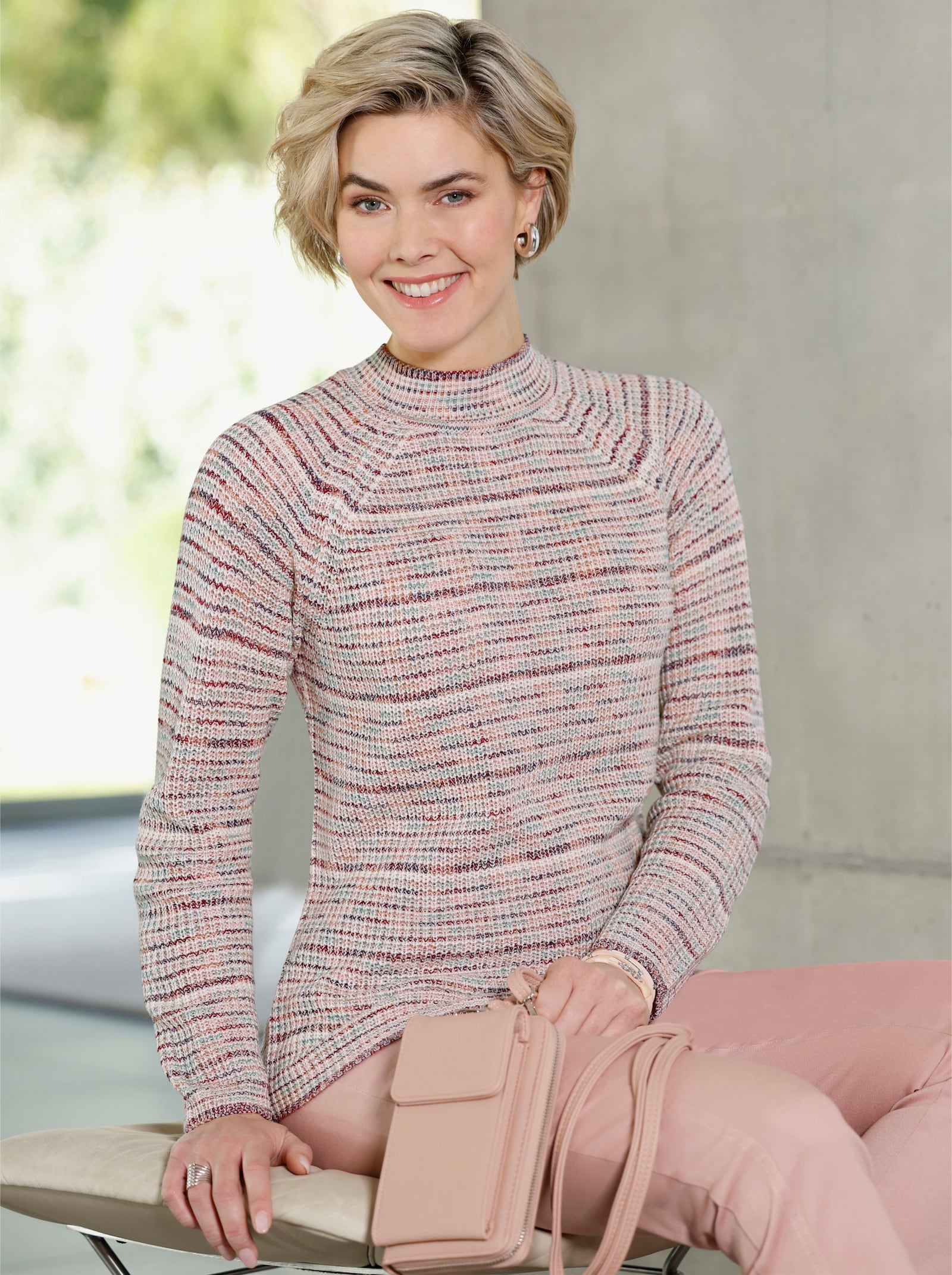 Stehkragenpullover in Ringel-Optik - champagner-rosenholz-meliert