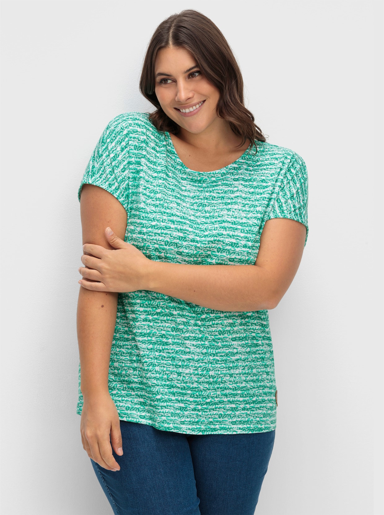 Rundhalsshirt mit weicher Baumwolle - grün-ecru-geringelt