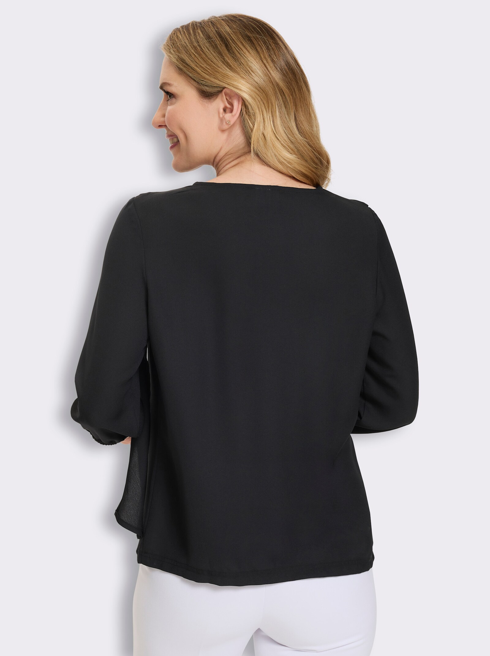 Schlupf-Bluse mit Schluppe und Zierspange - schwarz
