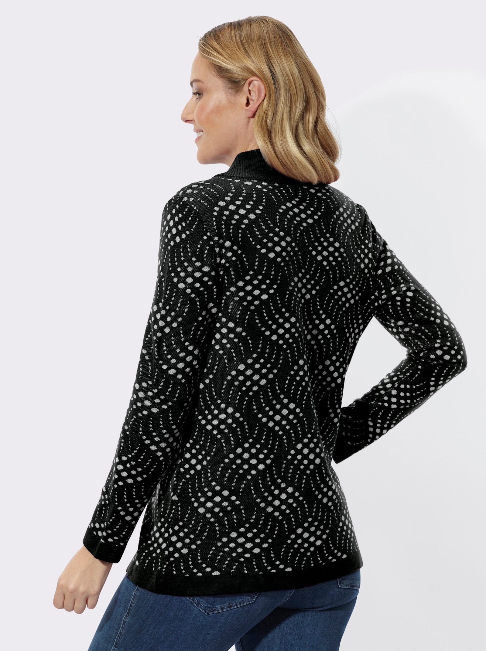 Jacquardstrickjacke mit zweifarbigem Muster - schwarz-ecru-gemustert
