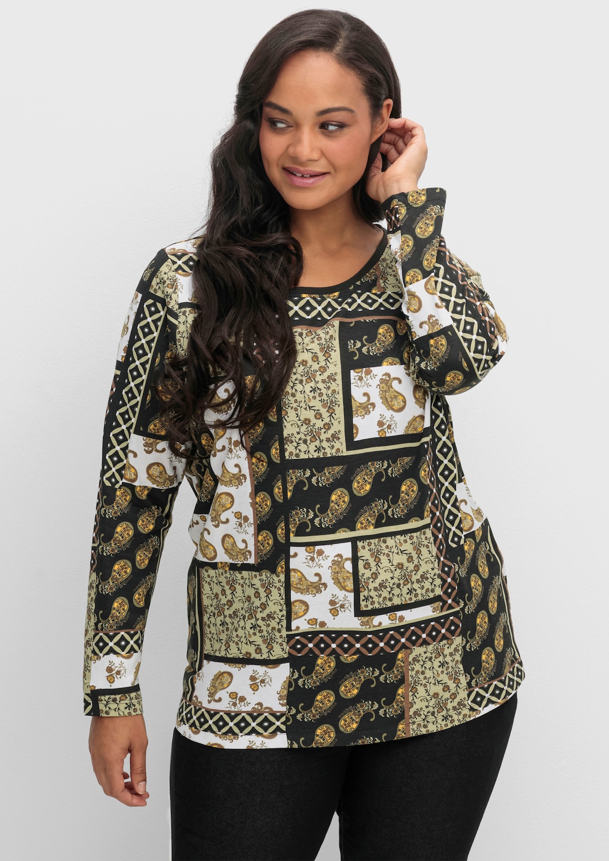 Langarmshirt im Patchwork-Druck - schilf-schwarz-bedruckt