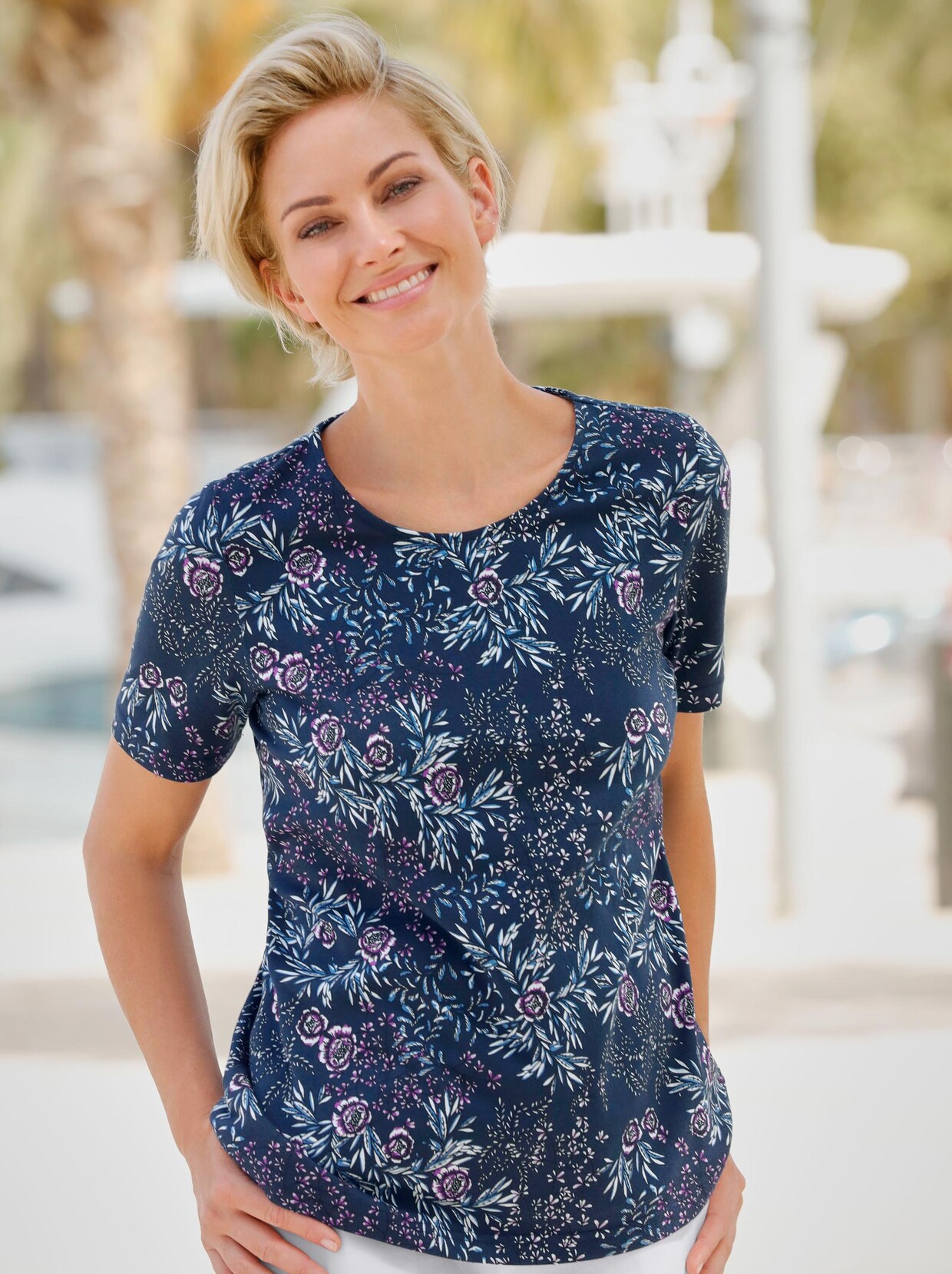 Rundhalsshirt - marine-gemustert