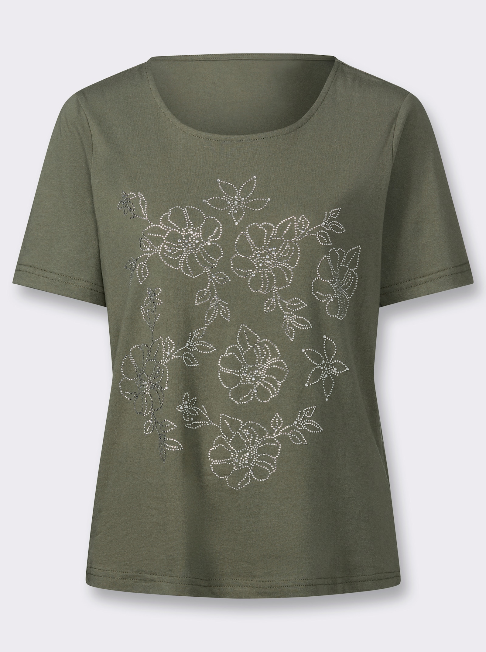 Rundhalsshirt mit Glitzersteinchen-Blüten - khaki