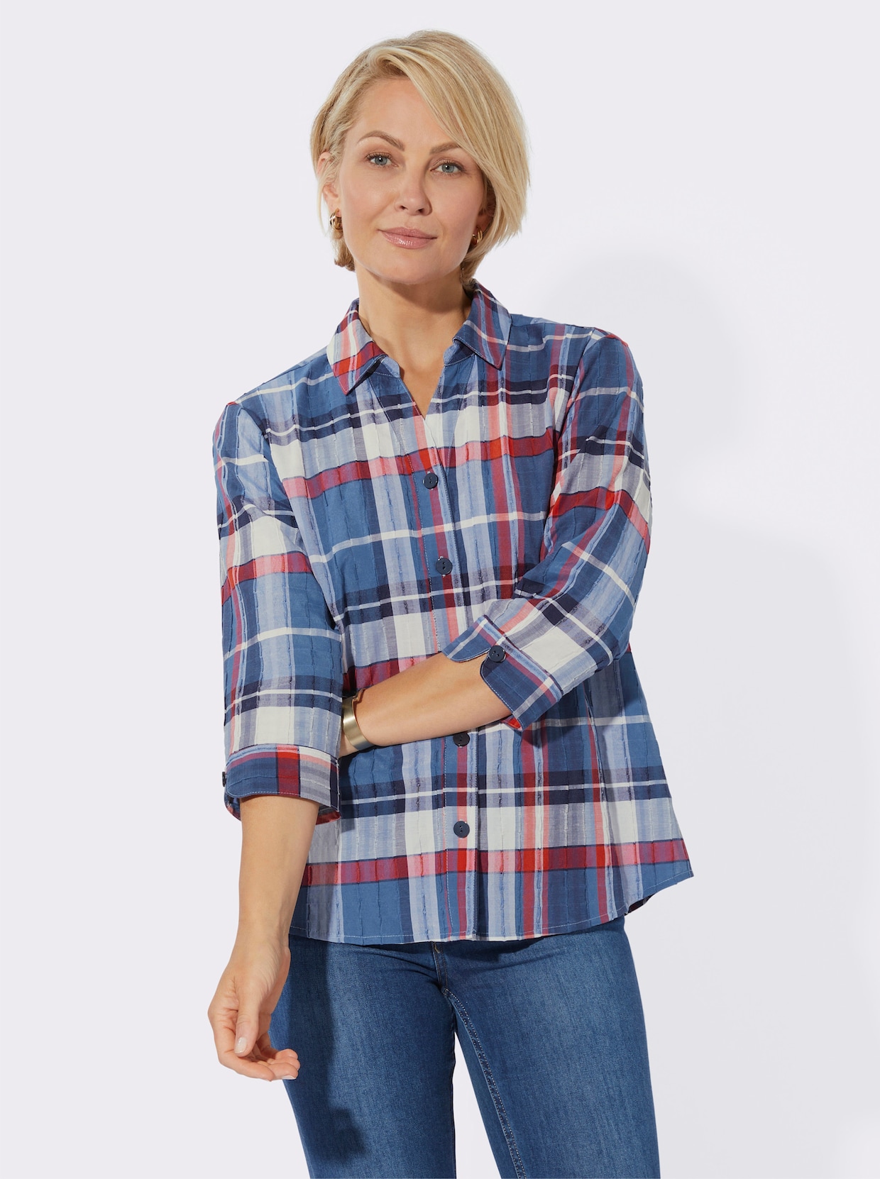 Bluse - jeansblau-erdbeere-kariert