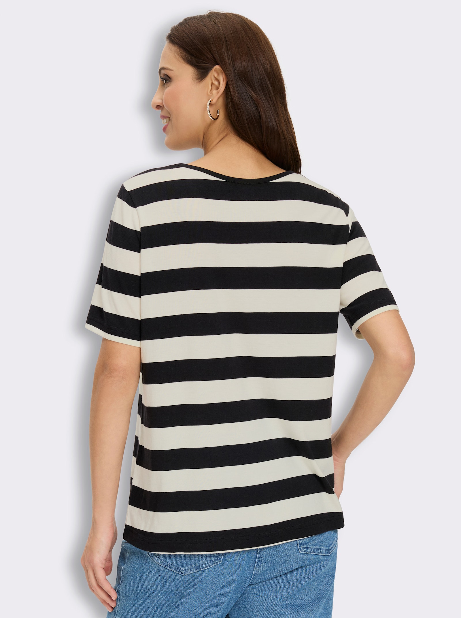Rundhalsshirt mit Glitzersteinchen-Schrift - champagner-schwarz-bedruckt