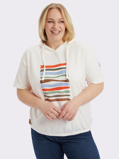 Kapuzensweatshirt mit elastischem Saum - ecru-eucalyptus-bedruckt