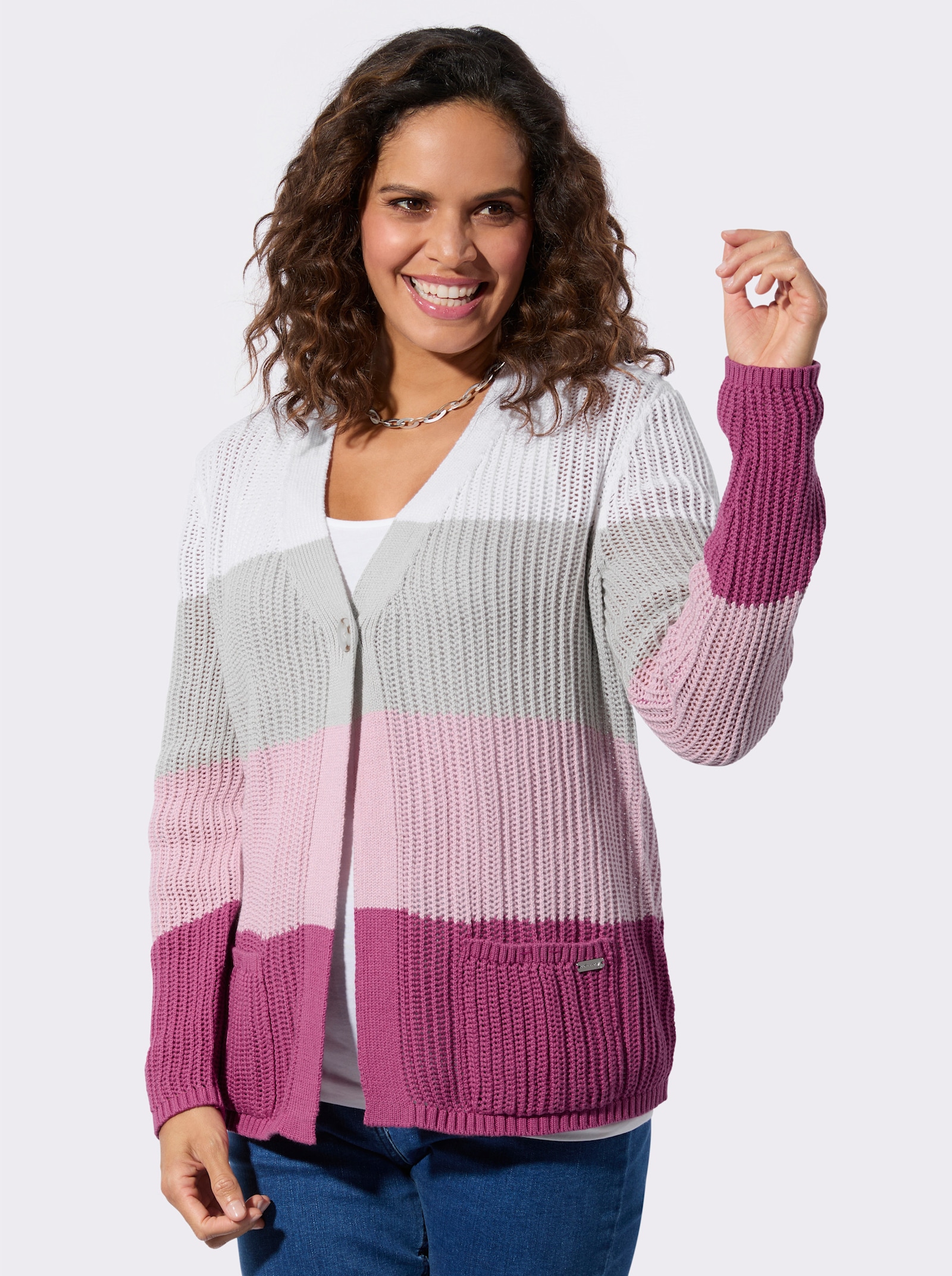 Ajourstrickjacke mit V-Ausschnitt - erika-ecru-geringelt