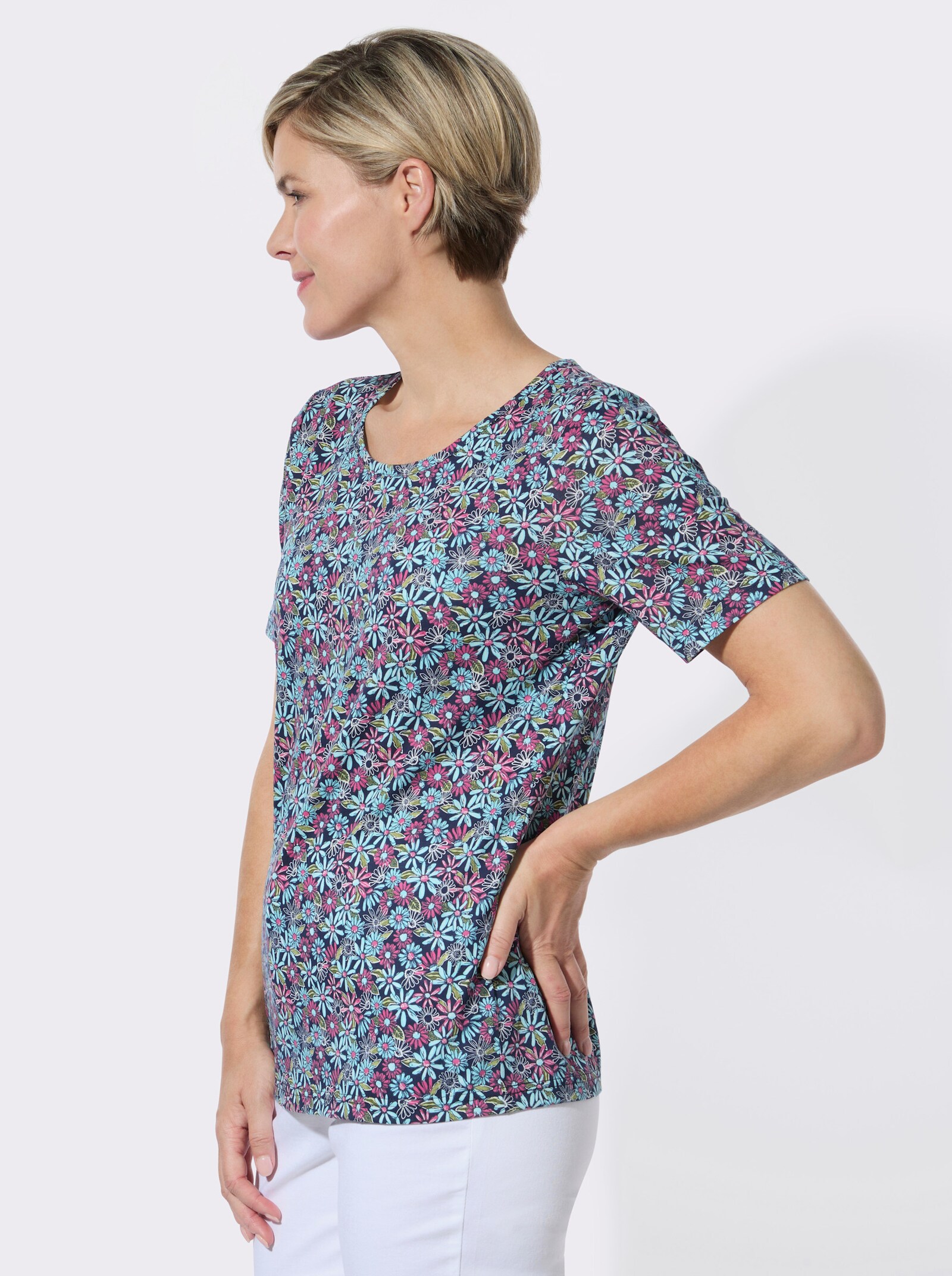 Print-Shirt aus reiner Baumwolle - marine-aquamarin-bedruckt