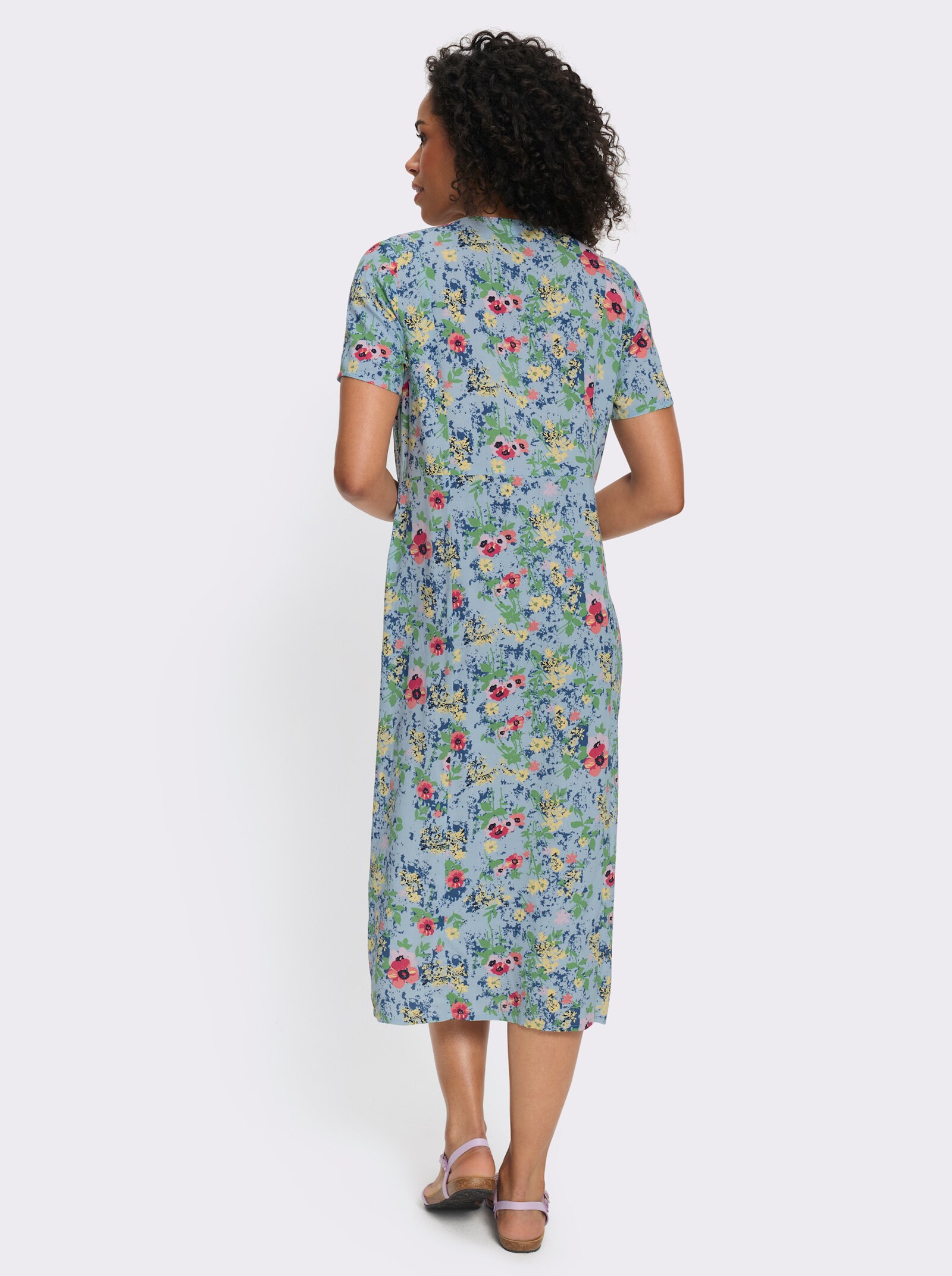 Blumenkleid aus reiner Viskose - eisblau-zitrone-bedruckt