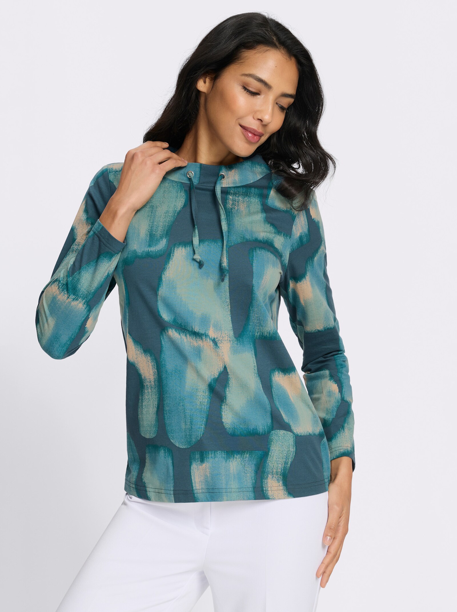 Stehkragenshirt mit Bindeband - ozean-petrol-bedruckt